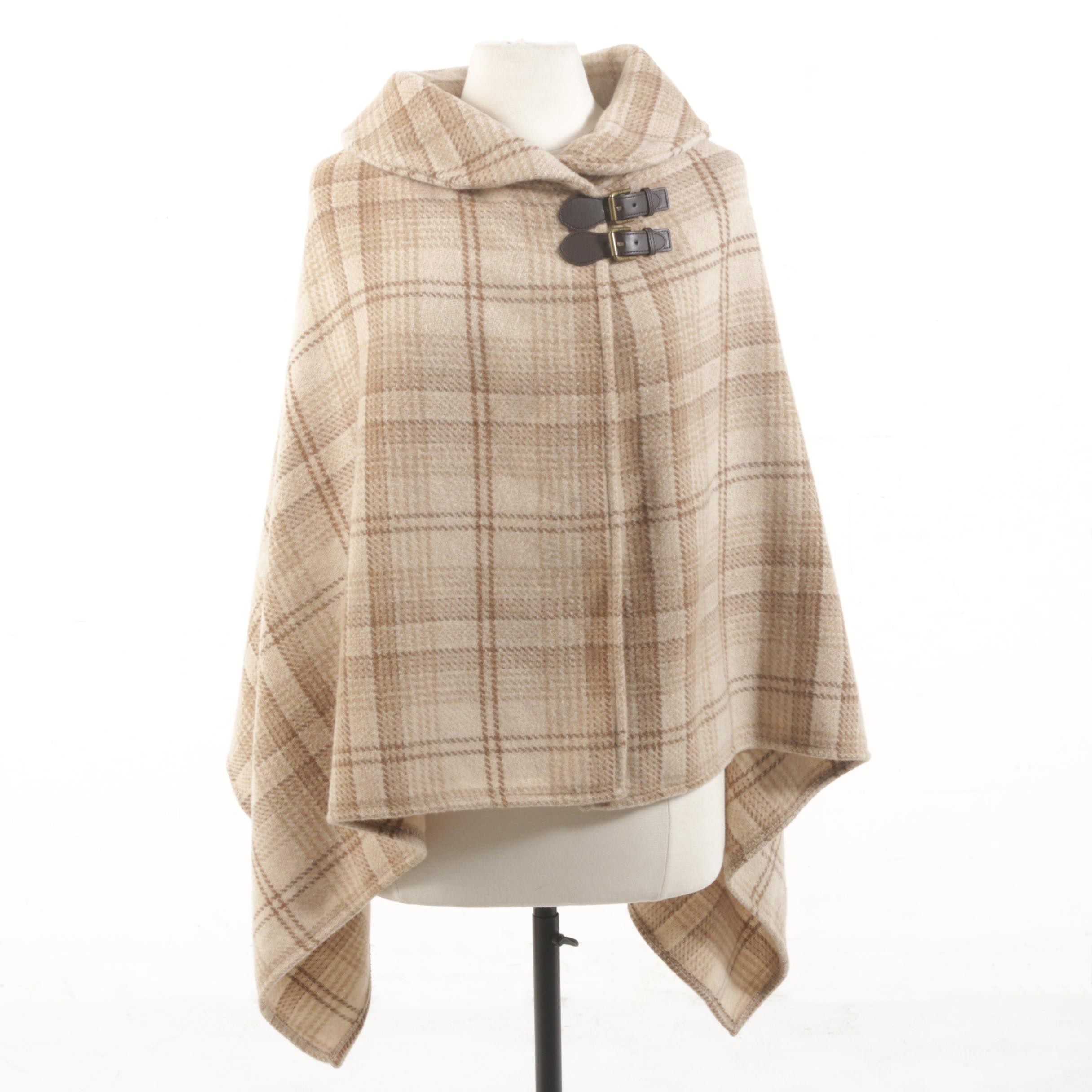 Lauren by Ralph Lauren Plaid Wool Cape with Leather Double Buckle Closure