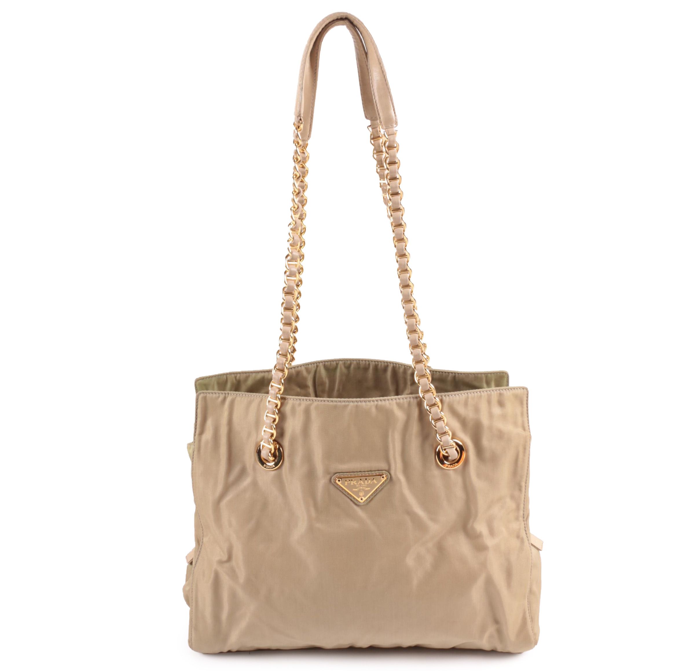 Prada Chain Link Shoulder Tote In Khaki Green Nylon and Leather
