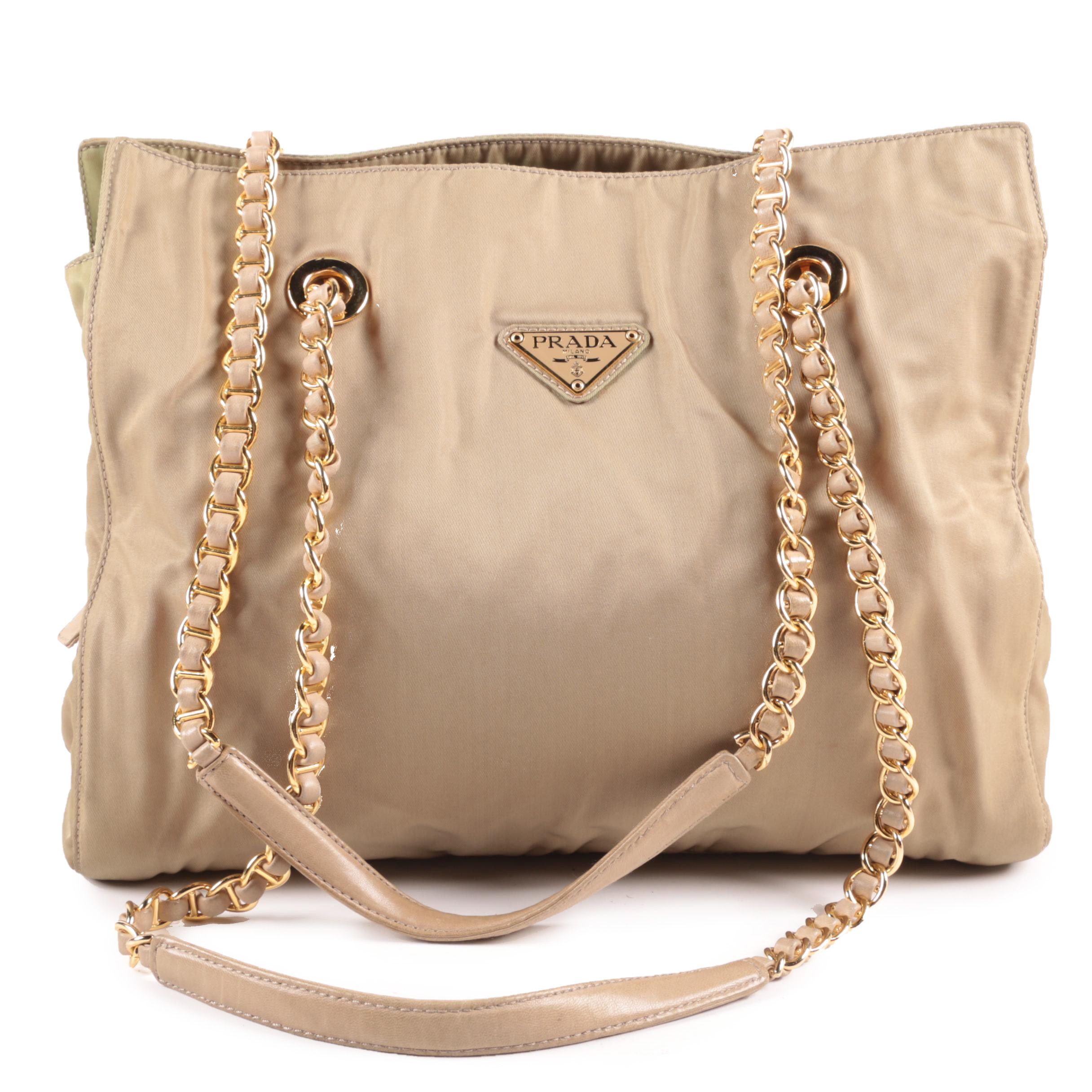 Prada Chain Link Shoulder Tote In Khaki Green Nylon and Leather