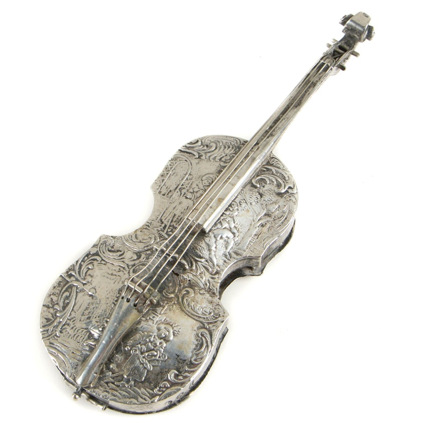 Antique Dutch Import 833 Silver Violin-Form Box, 19th Century