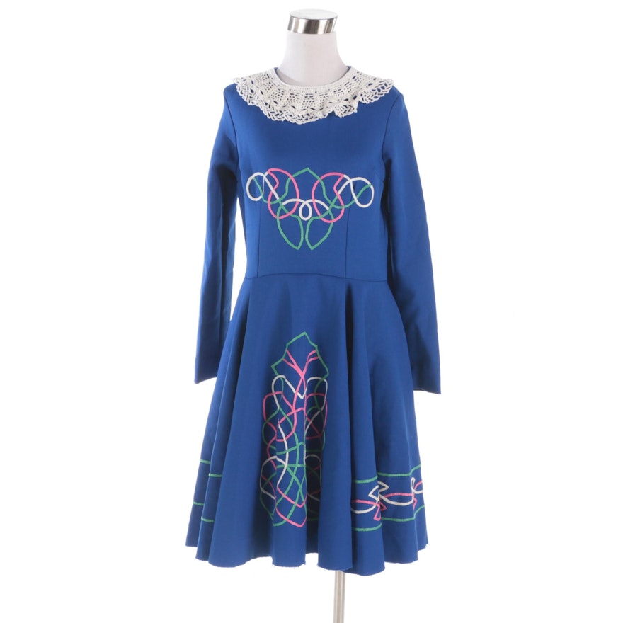 Women's Unfinished Blue Wool Fit and Flare Dress with Hand Embroidery, Vintage