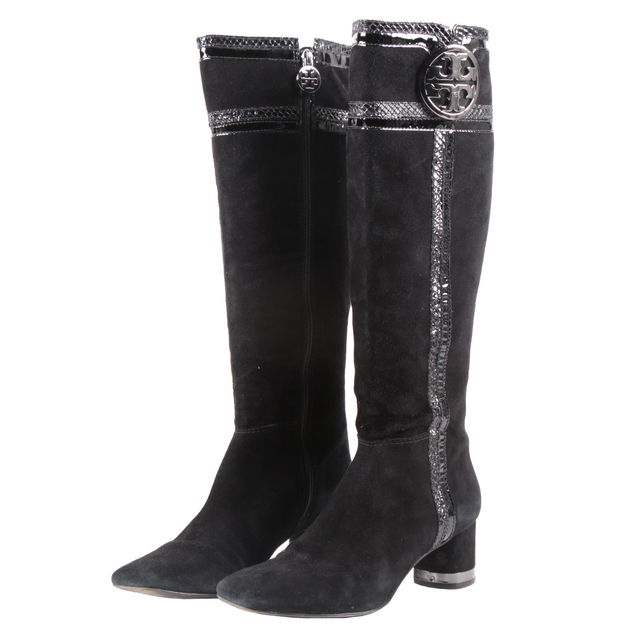 Tory Burch Edith Black Suede Boots with Snakeskin Embossed Patent Leather Trim