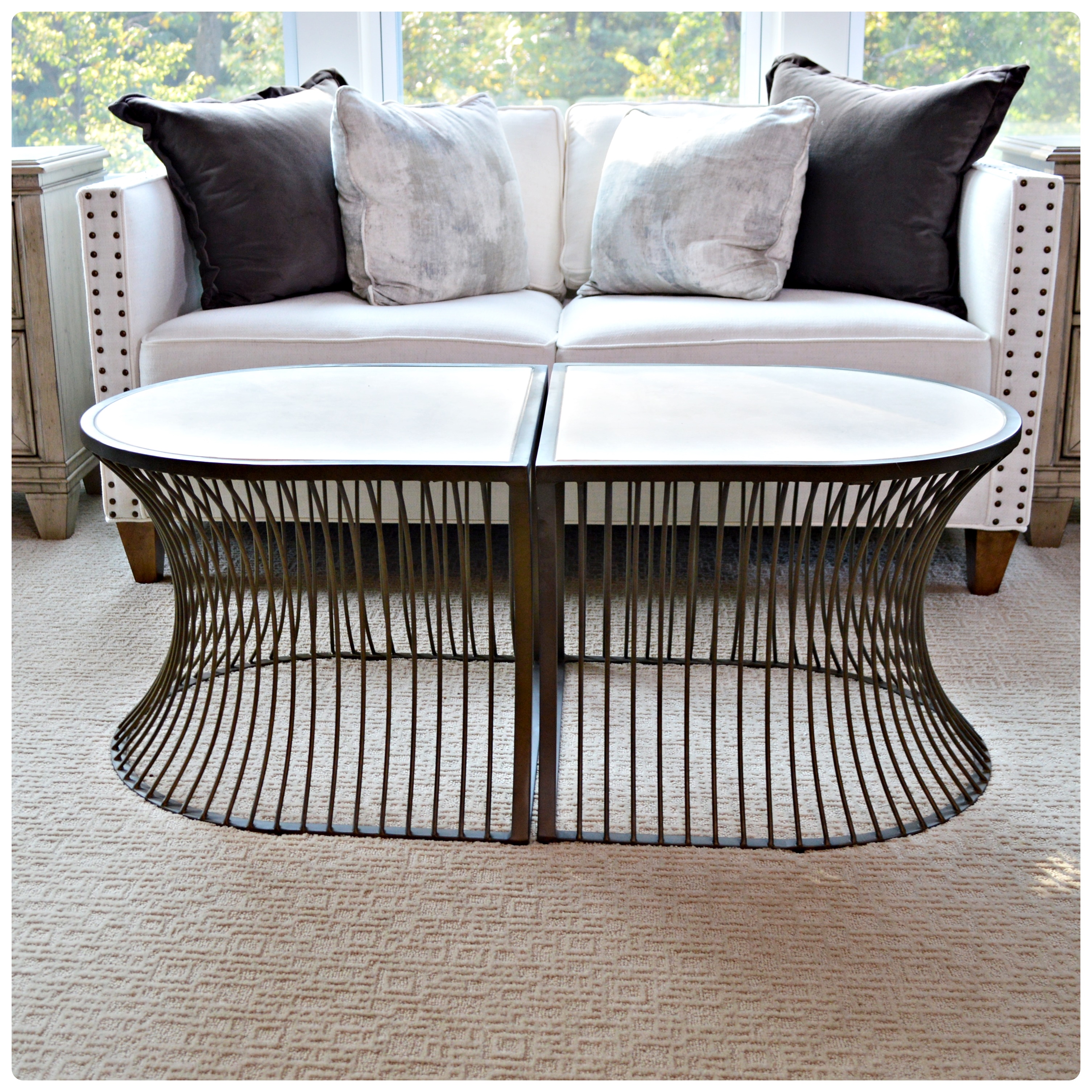 Gabby "Olivia" Limestone and Mottled Brass Oval Coffee Table, Contemporary