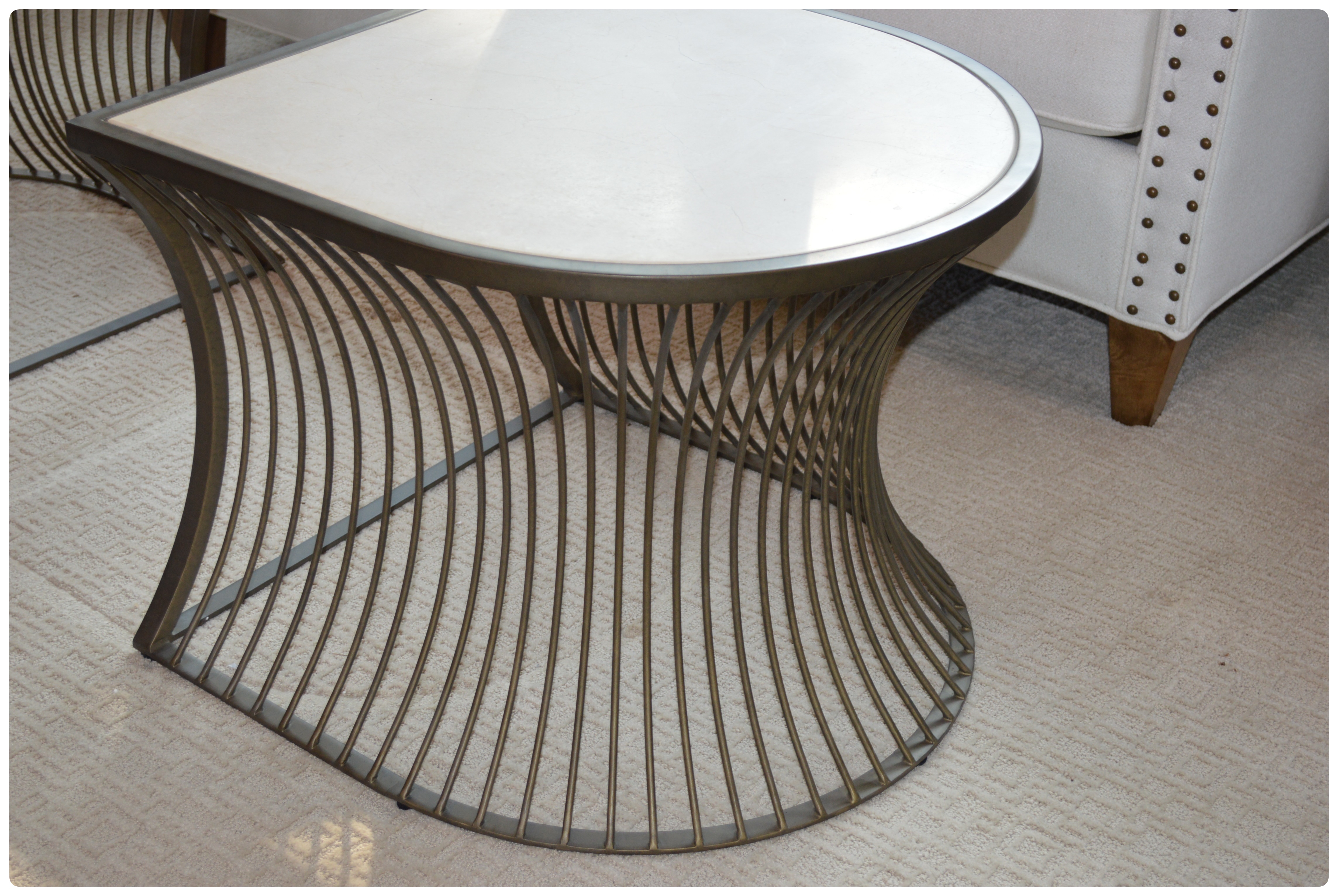 Gabby "Olivia" Limestone and Mottled Brass Oval Coffee Table, Contemporary