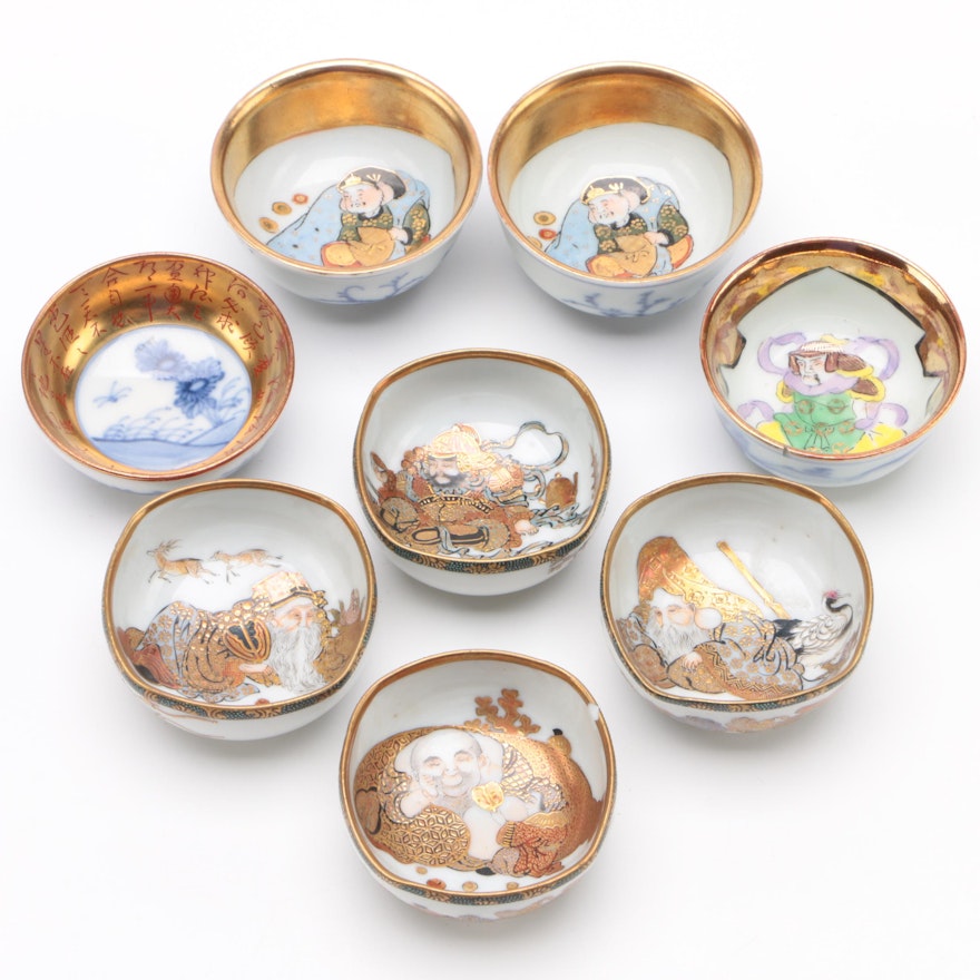 East Asian Porcelain Sake Cups with Hand-Painted Details