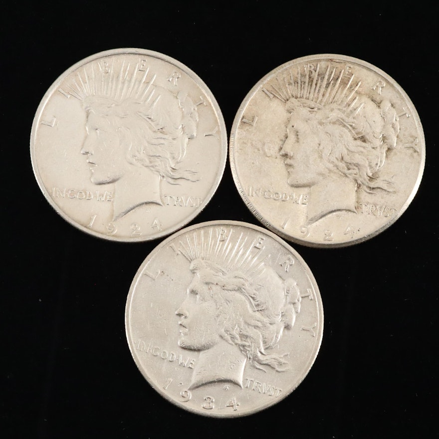 Three Silver Peace Dollars: 1924, 1924-S, and 1934-S