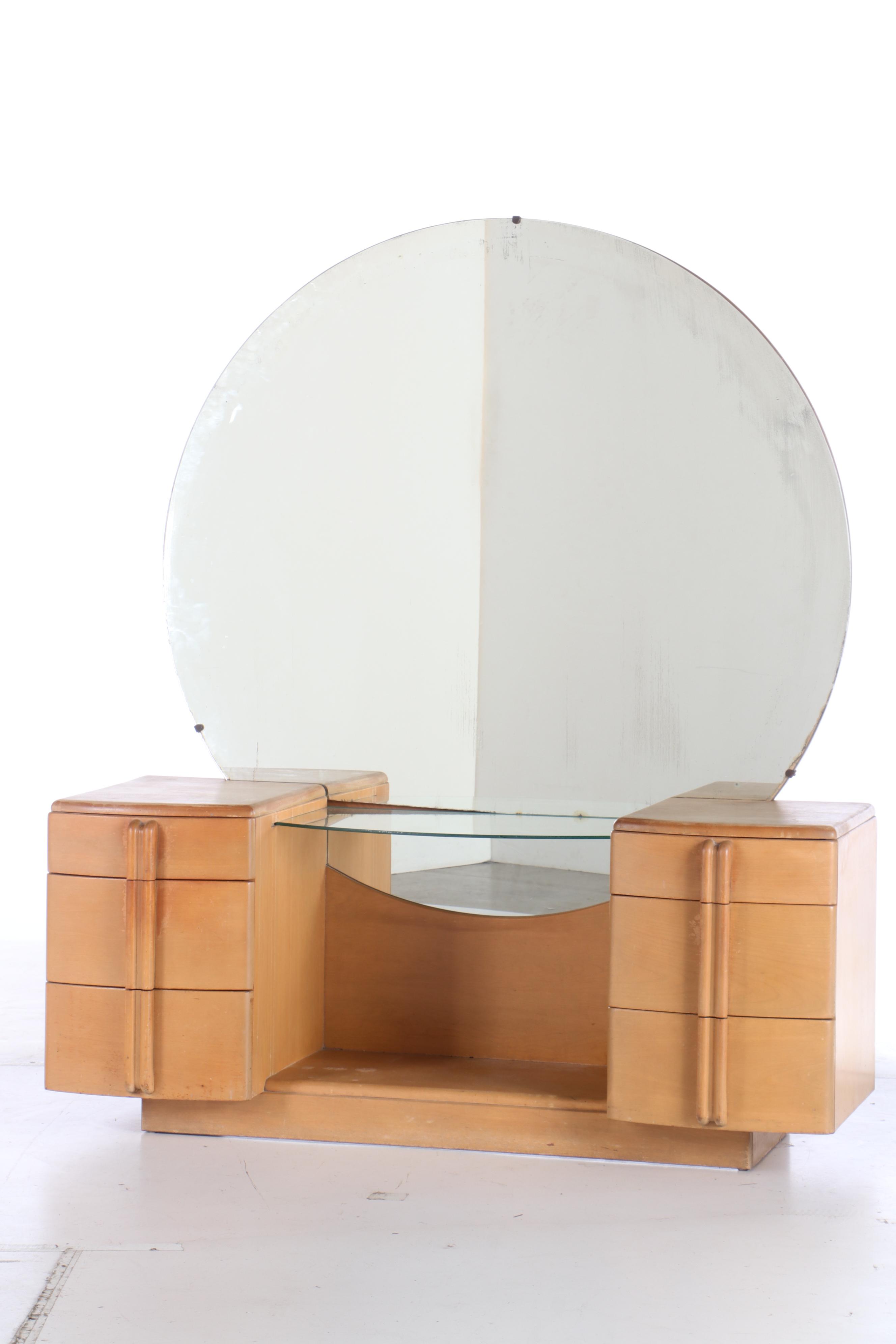 Leo Jiranek for Heywood-Wakefield, Art Deco "Airflow" Vanity Plus Swivel Stool