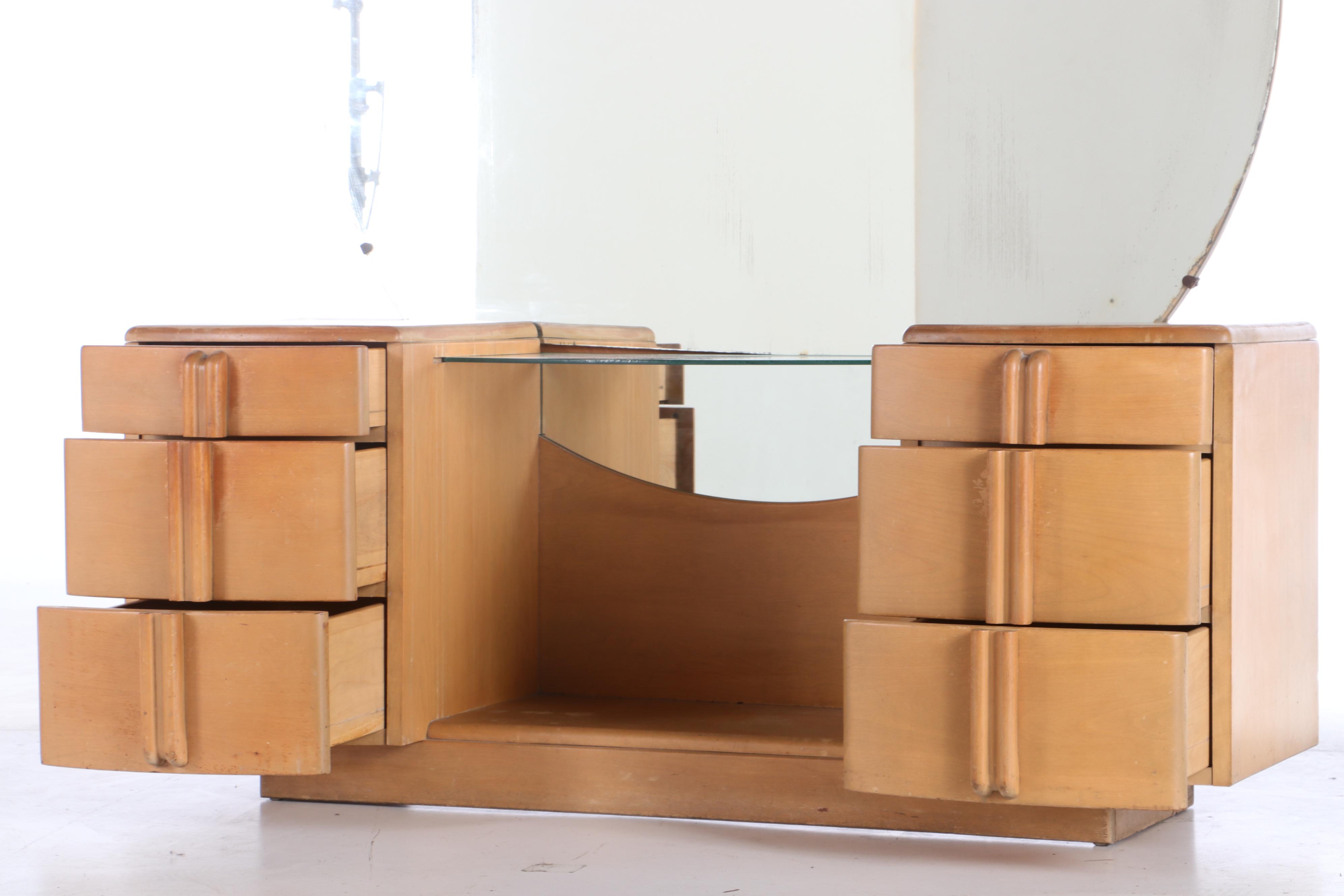 Leo Jiranek for Heywood-Wakefield, Art Deco "Airflow" Vanity Plus Swivel Stool