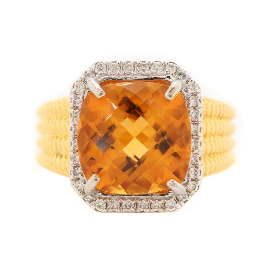 14K Yellow Gold Citrine and Diamond Ring with Beaded Detail Shoulders