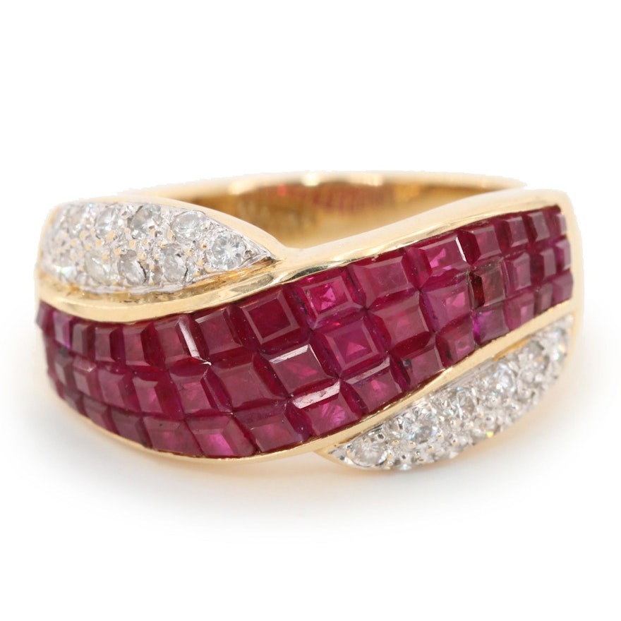 18K Yellow Gold Ruby and Diamond Crossover Ring