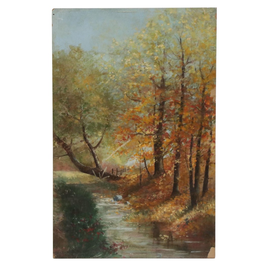 20th Century Forest Creek Scene Oil Painting