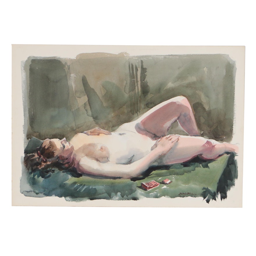 Jack Meanwell Watercolor Painting of Reclining Female Nude