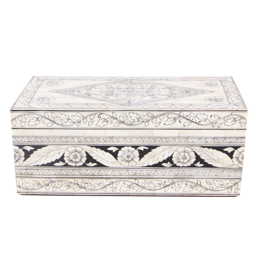 Hand-Painted Bone Veneer Box with Floral and Vine Motif