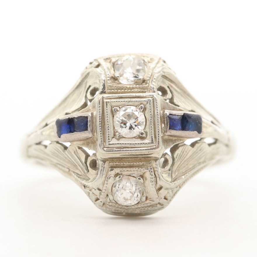 Art Deco 18K White Gold Diamond Sapphire Ring