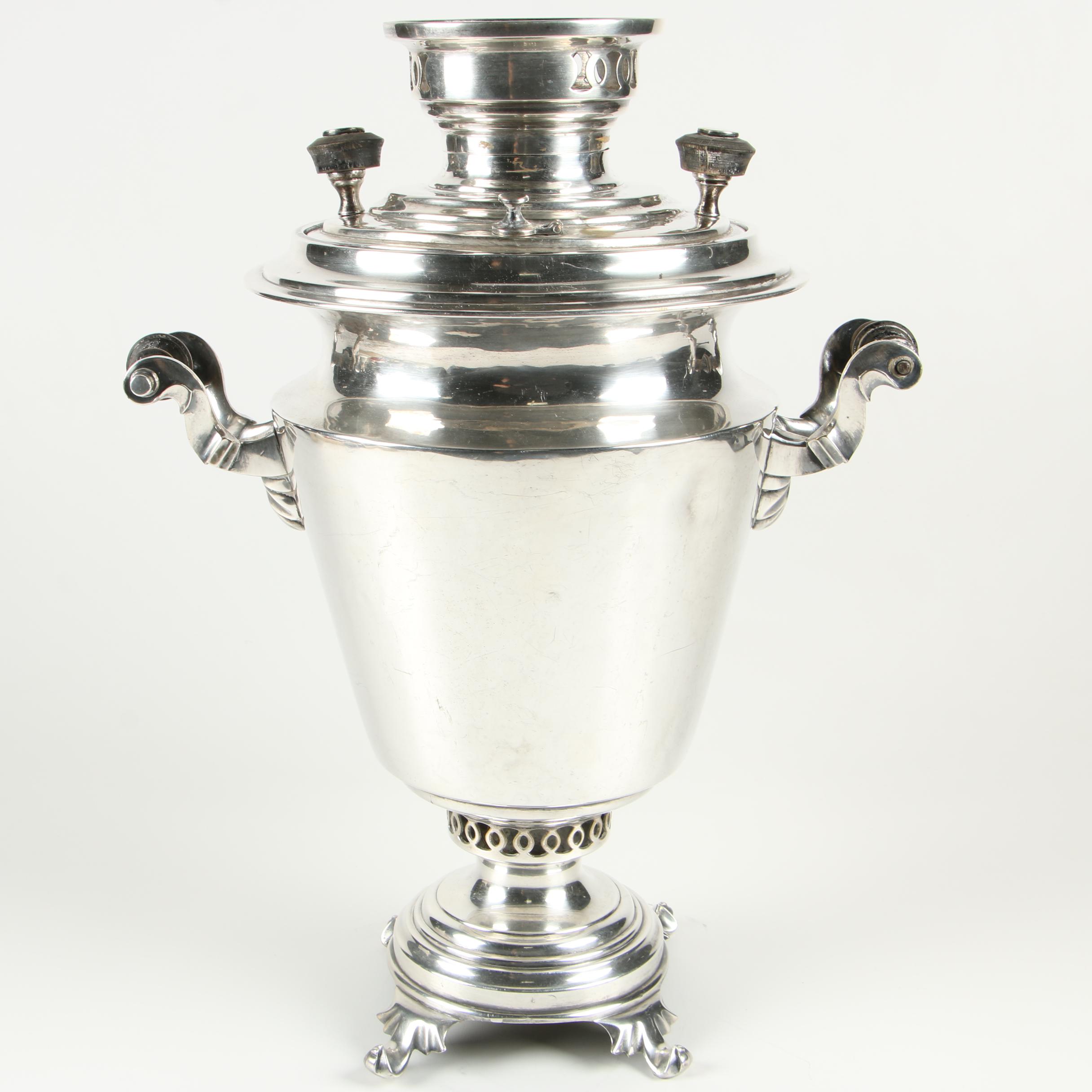 Russian Silver-Plated Brass Samovar with Scrolled Handles, Circa 1900