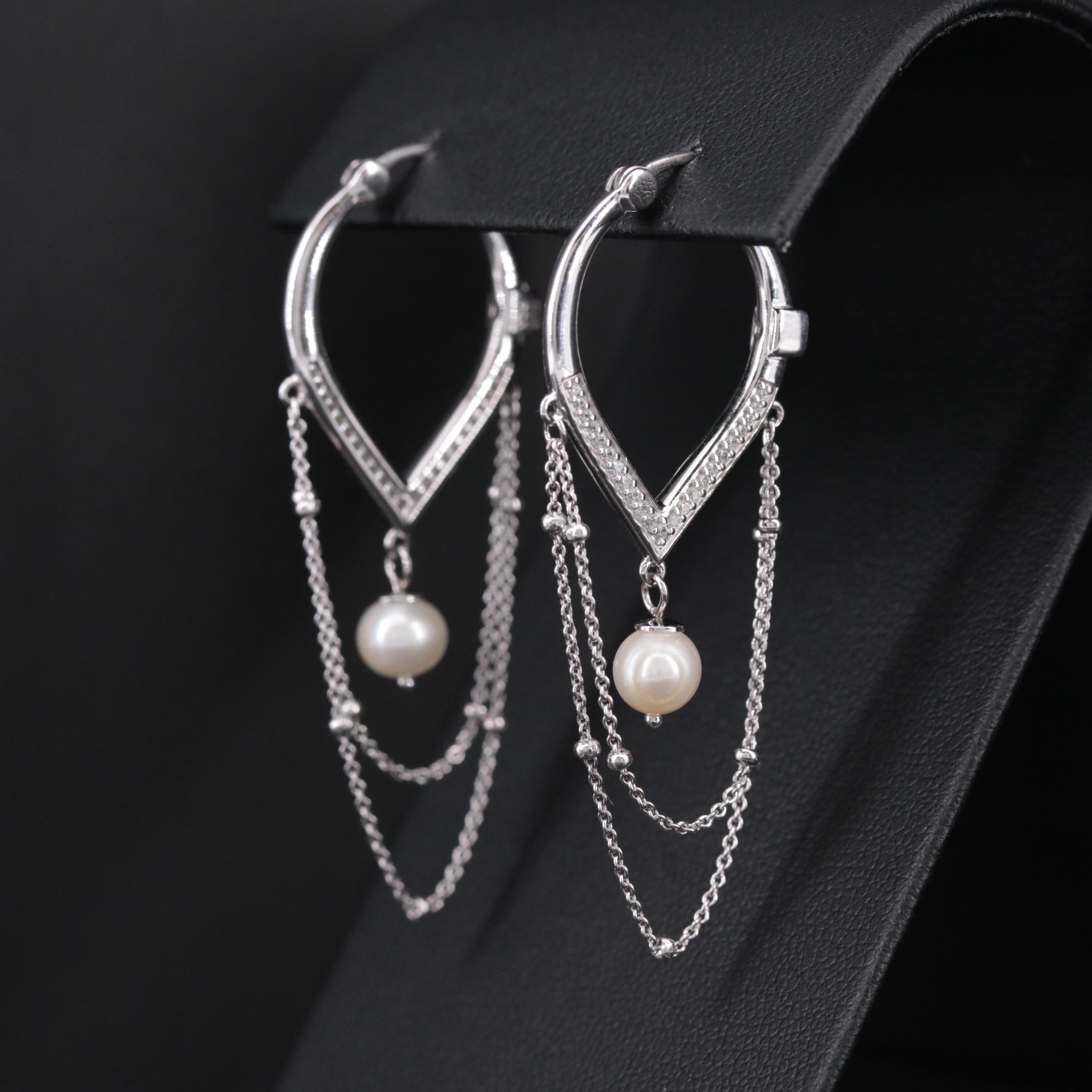 Elle Sterling Cubic Zirconia and Cultured Pearl Hoop Earrings