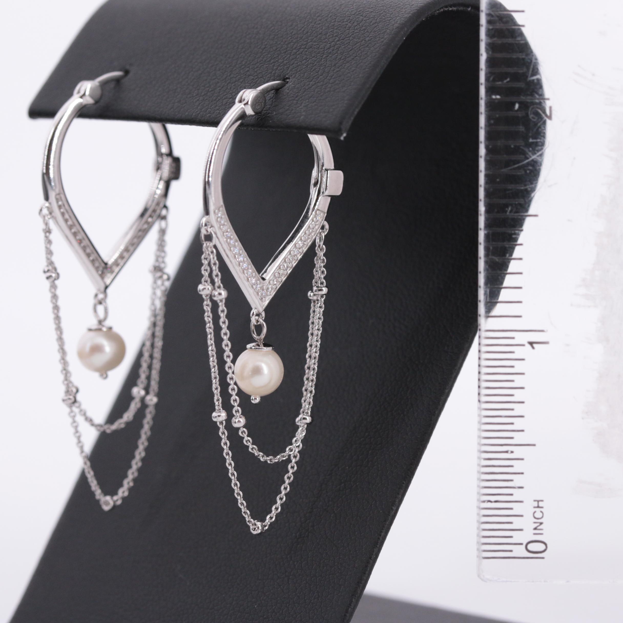 Elle Sterling Cubic Zirconia and Cultured Pearl Hoop Earrings