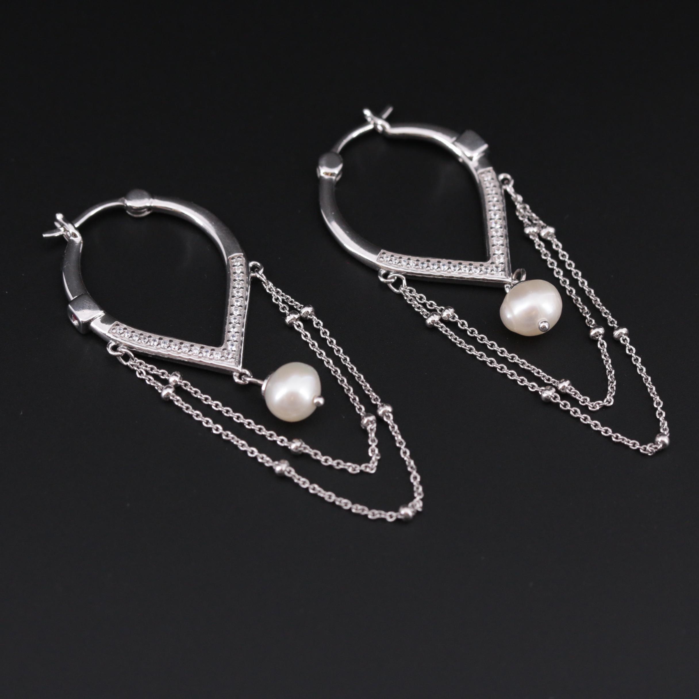 Elle Sterling Cubic Zirconia and Cultured Pearl Hoop Earrings