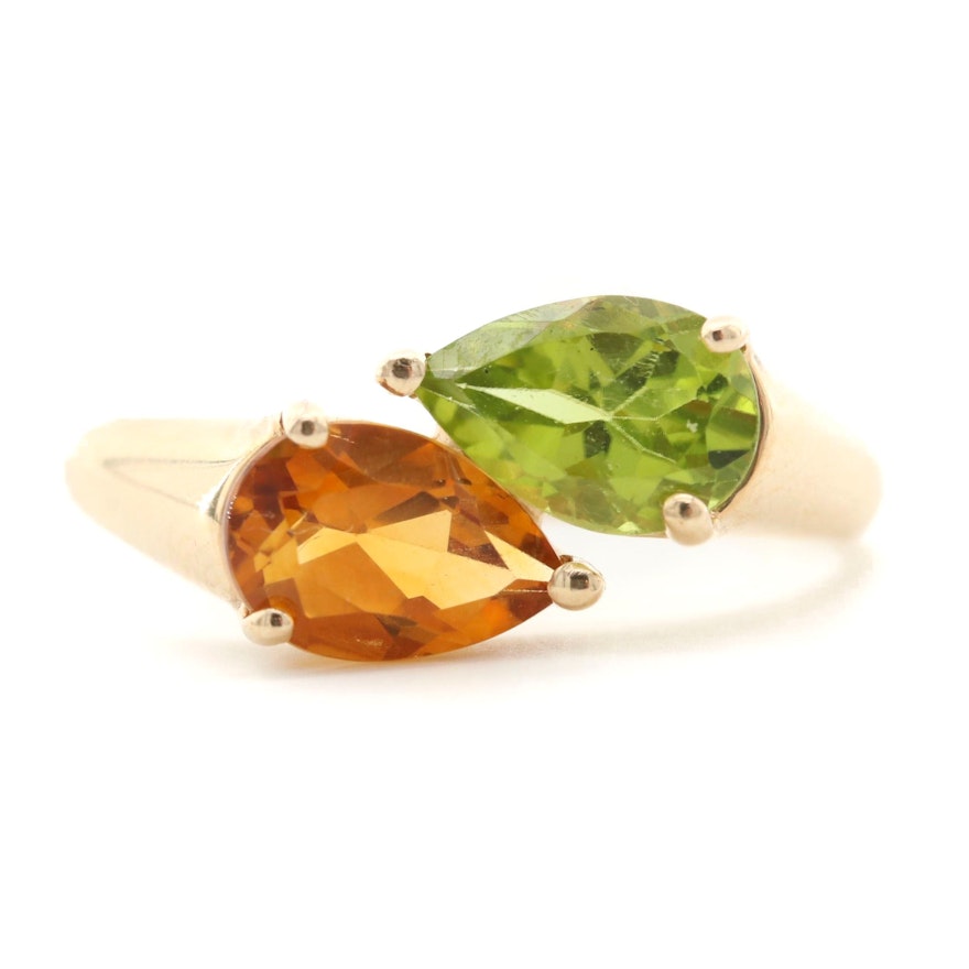 14K Yellow Gold Peridot and Citrine Bypass Ring