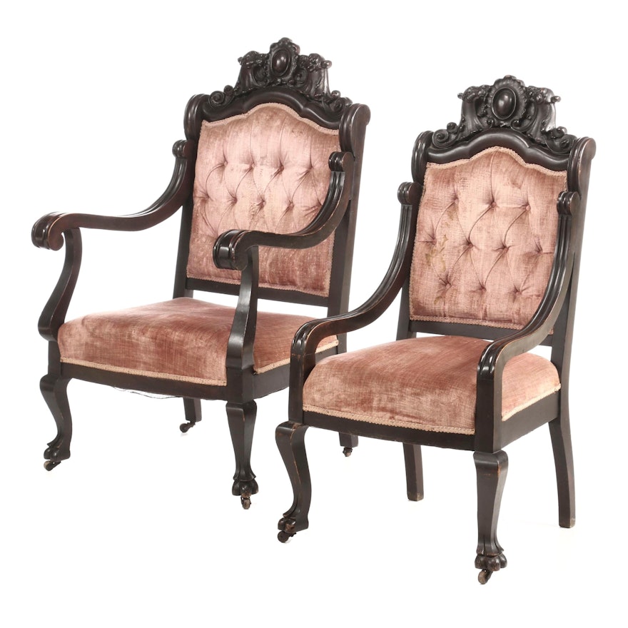 Two Renaissance Revival Carved Walnut Parlor Chairs, Third Quarter 19th Century