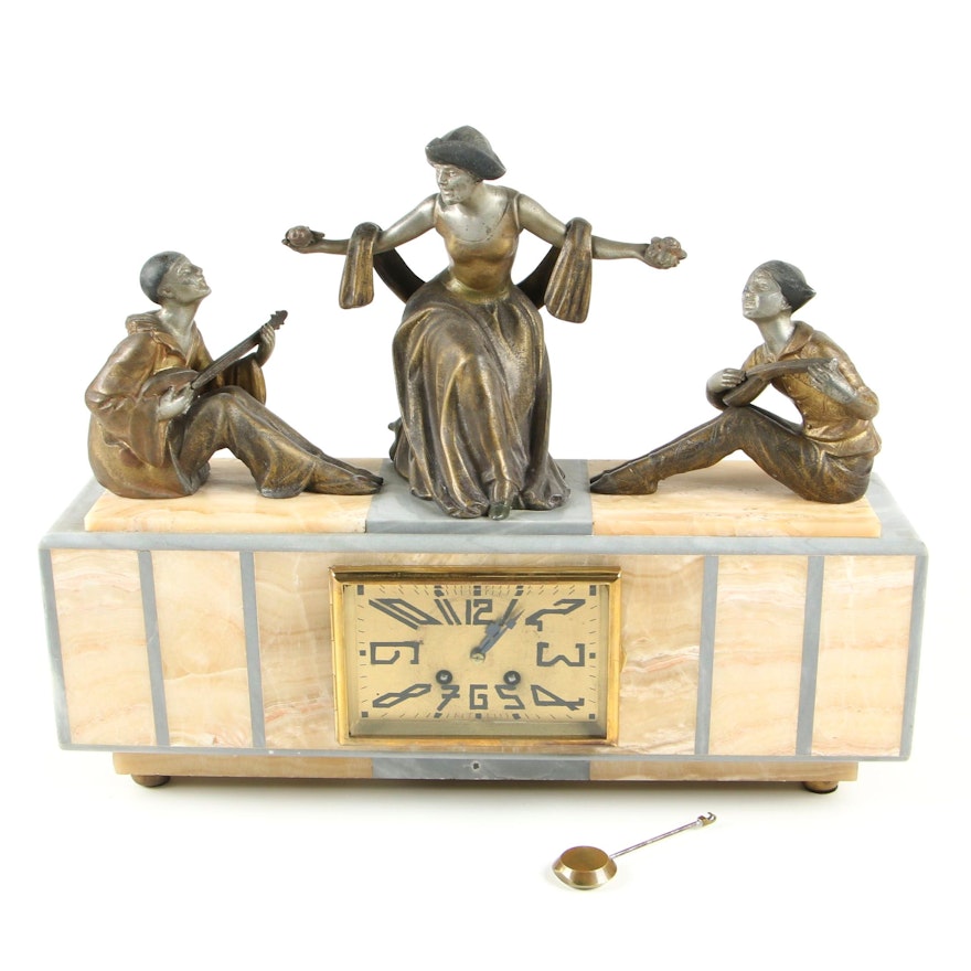 French Art Deco Marble Mantel Clock with Cast Spelter Figures
