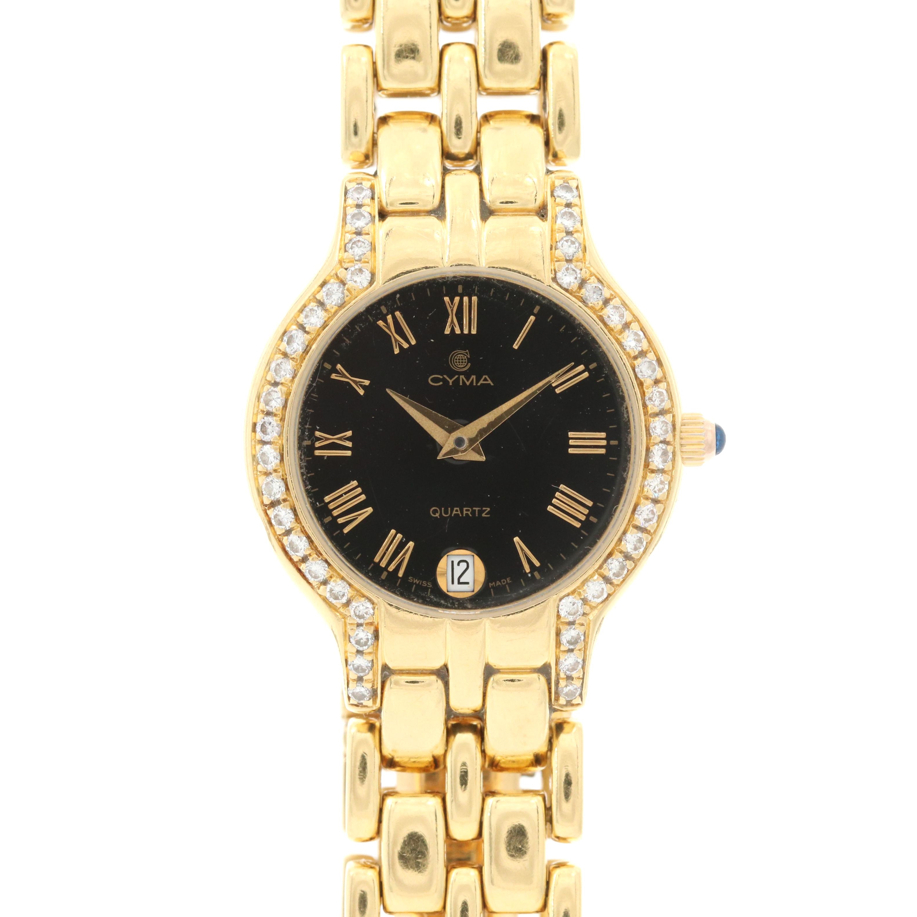 Cyma 18K Gold and Diamond Black Dial Watch With Date