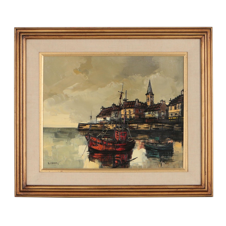 Mid-Century European Harbor Scene Oil Painting