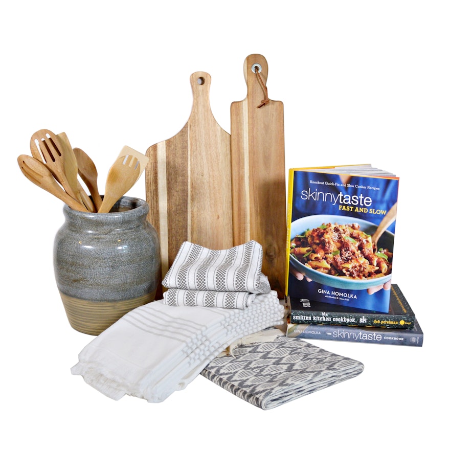 Pottery Utensil Jar, Wood Cutting Board and Other Kitchen Items