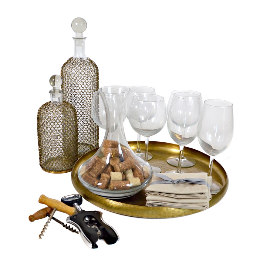 Chainmail Decanters, Glass Stemware and Brass Serving Tray