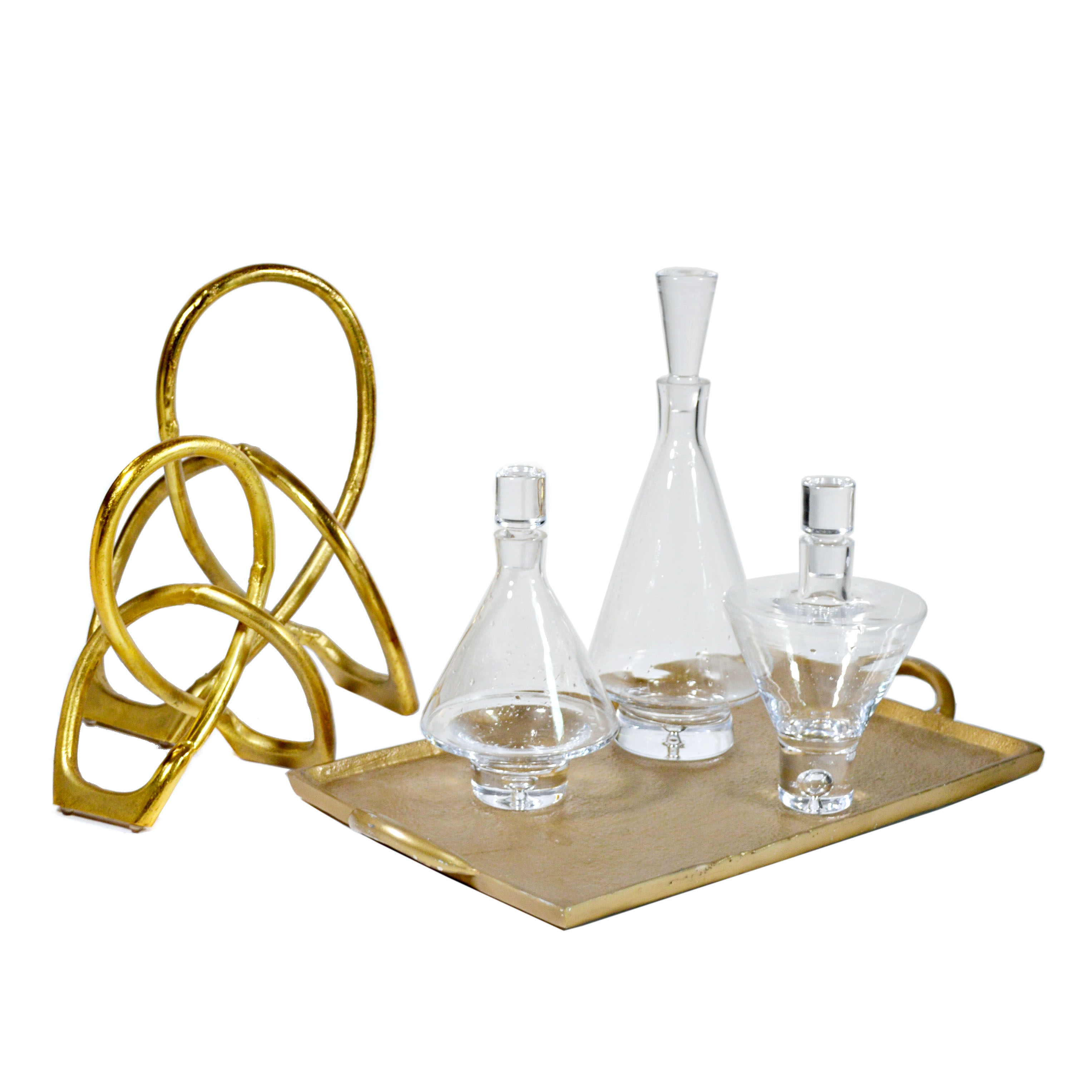 Modern Sculptural Decor and Three Contemporary Blown Glass Decanters