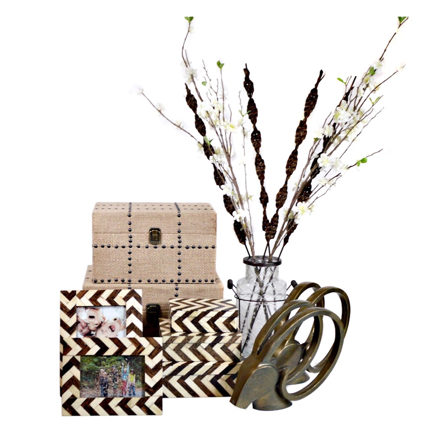 Three Hands Wood Burlap Studded Boxes, Chevron Boxes and Picture Frames and More