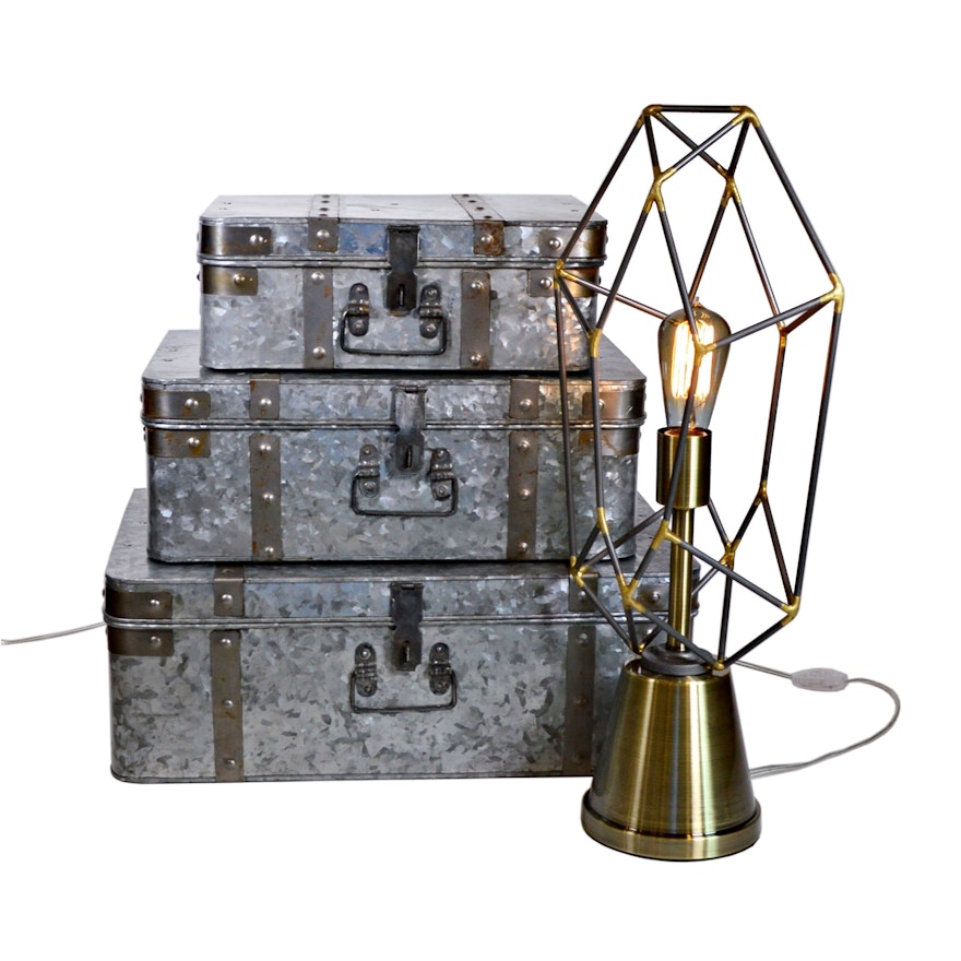 Pacific Coast Lighting Table Lamp and Galvanized Suitcase Storage