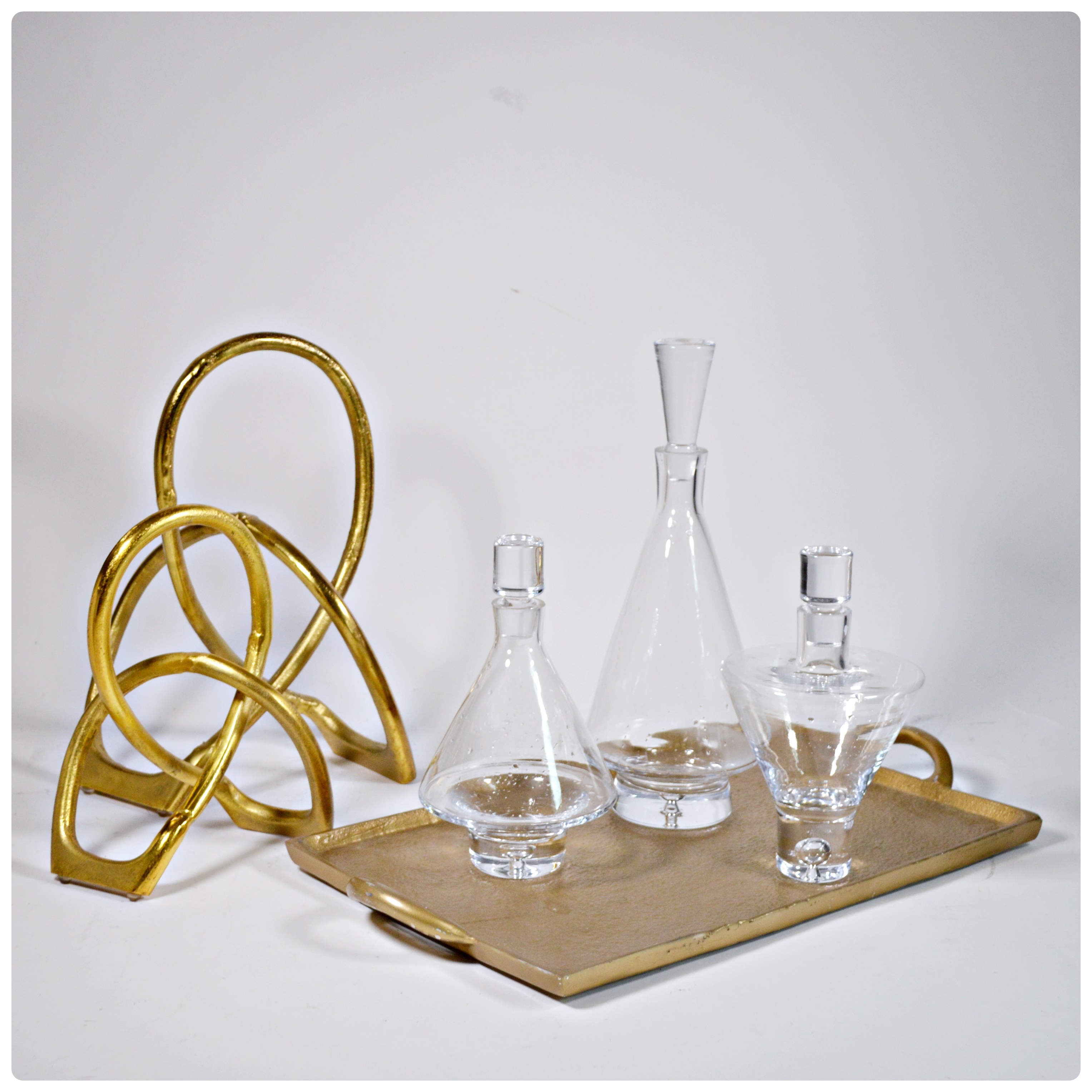 Modern Sculptural Decor and Three Contemporary Blown Glass Decanters