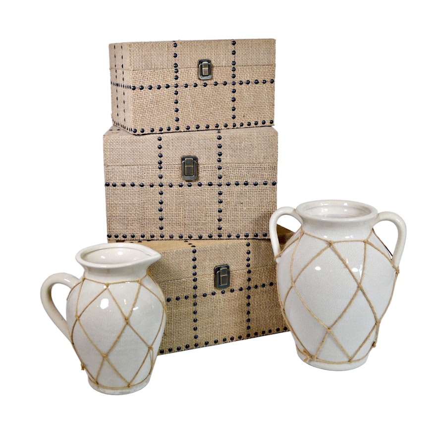 Three Hands Wood Burlap Studded Boxes and Pottery Decor