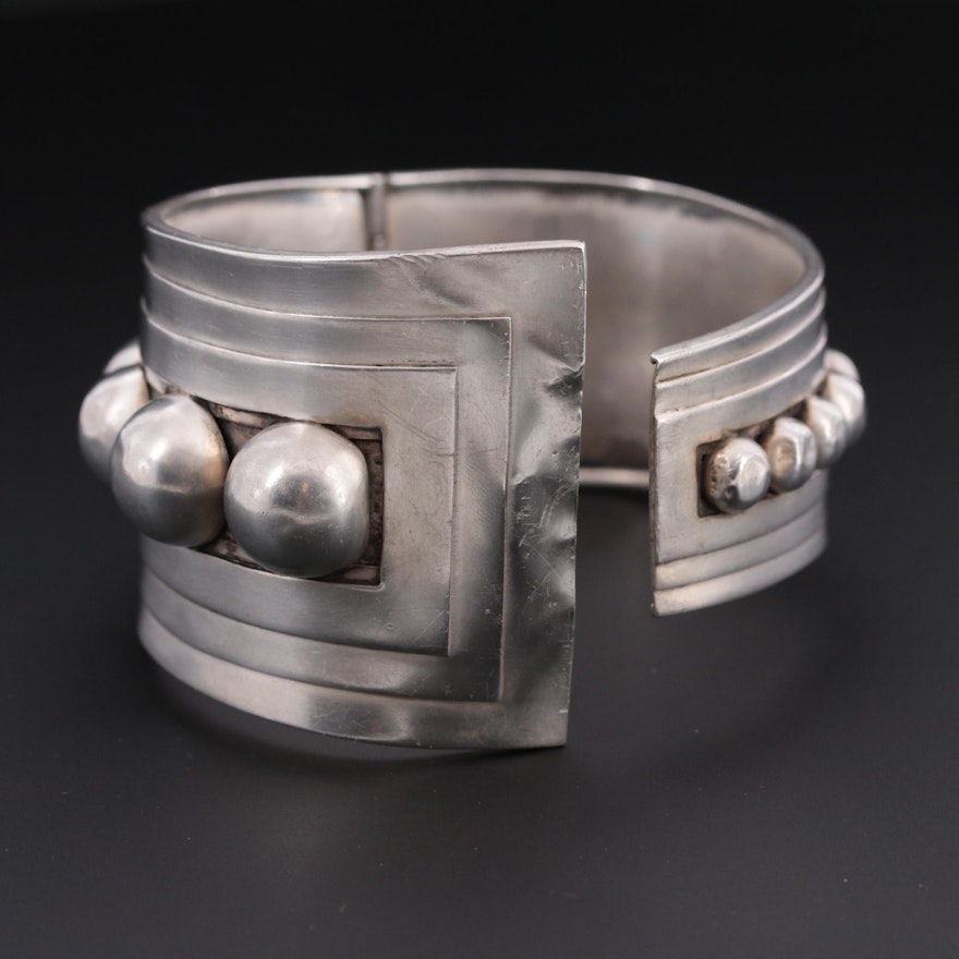 Mexican Taxco J Gomez Sterling Silver Hinged Cuff Bracelet
