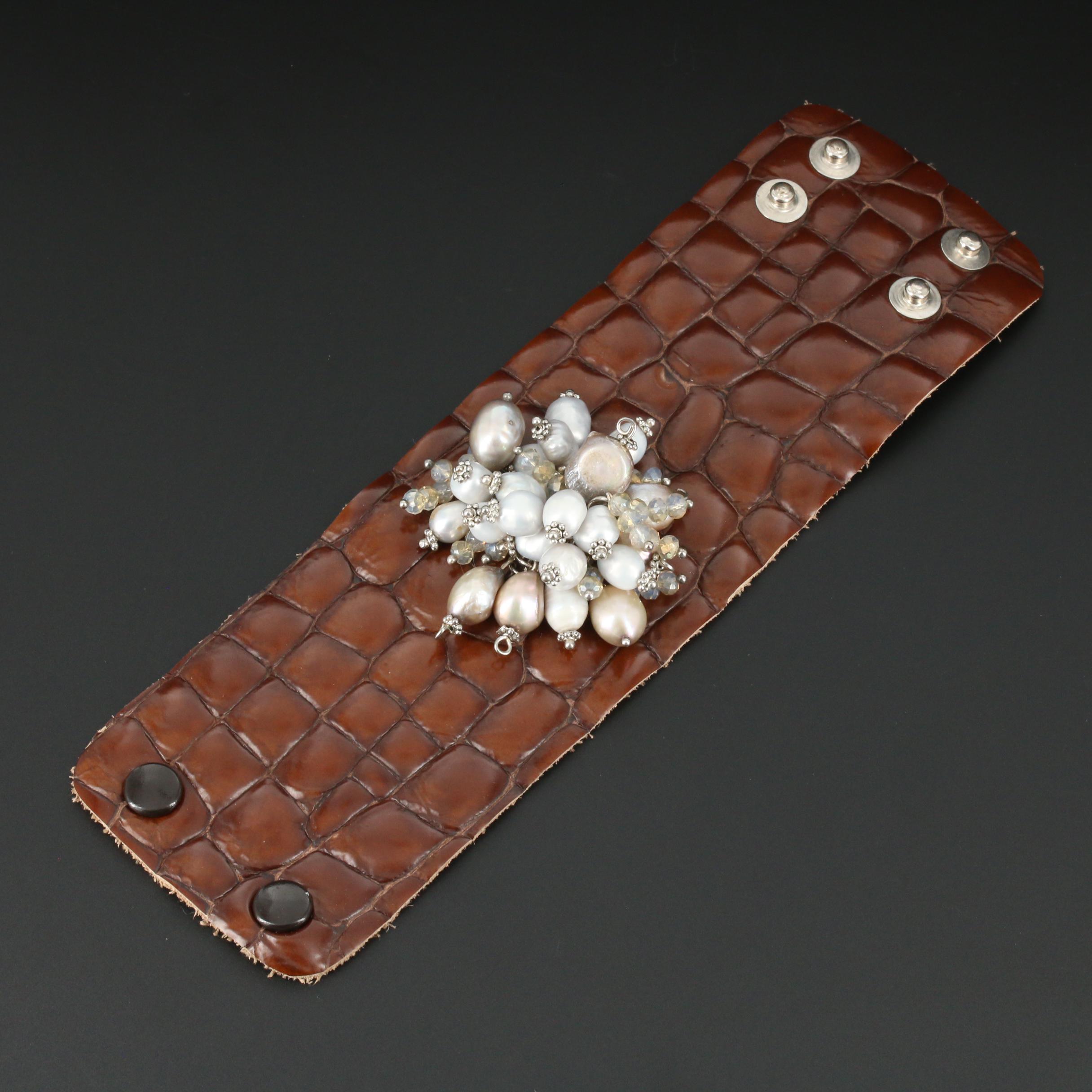 Cultured Pearl and Glass on Leather Bracelet