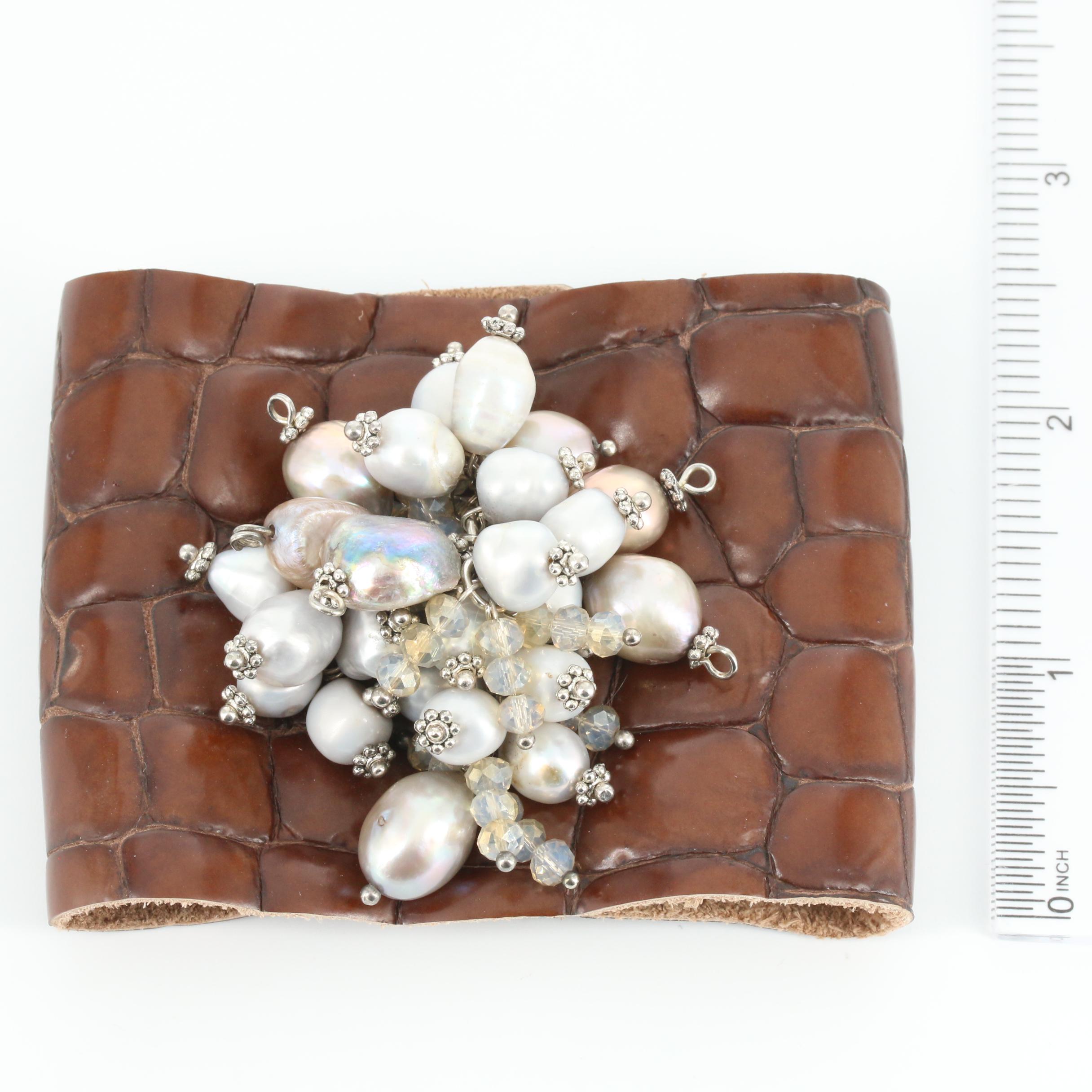 Cultured Pearl and Glass on Leather Bracelet