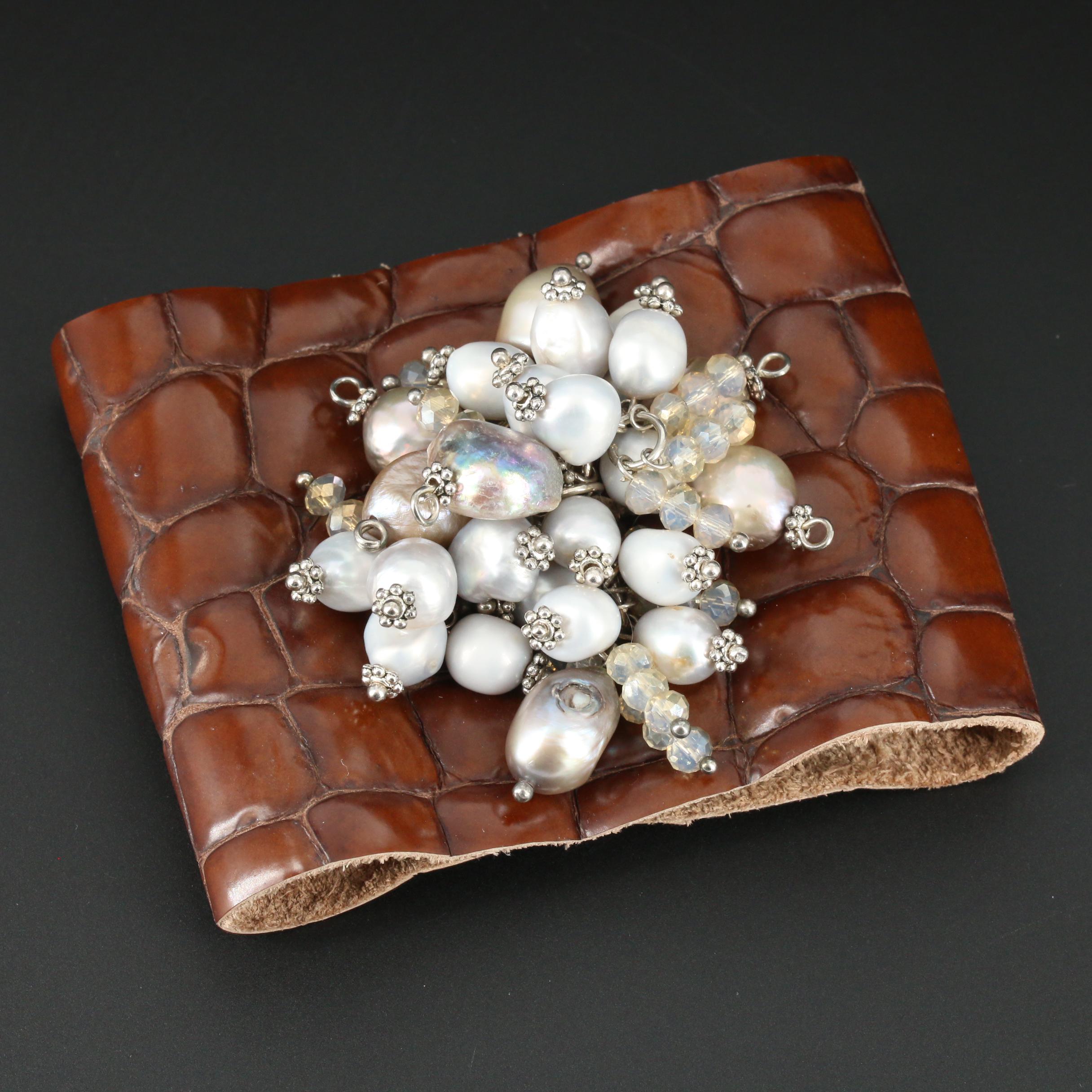 Cultured Pearl and Glass on Leather Bracelet