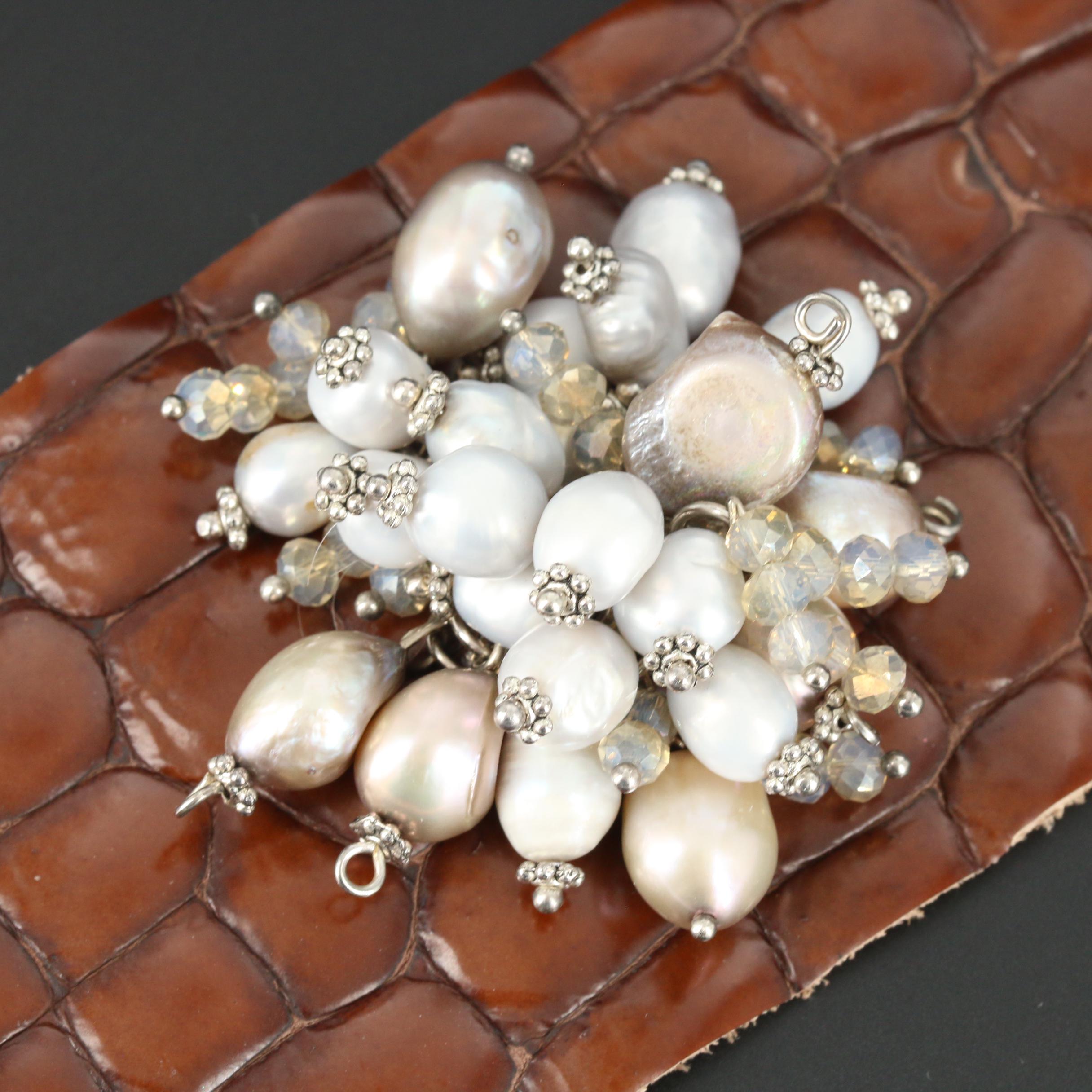 Cultured Pearl and Glass on Leather Bracelet