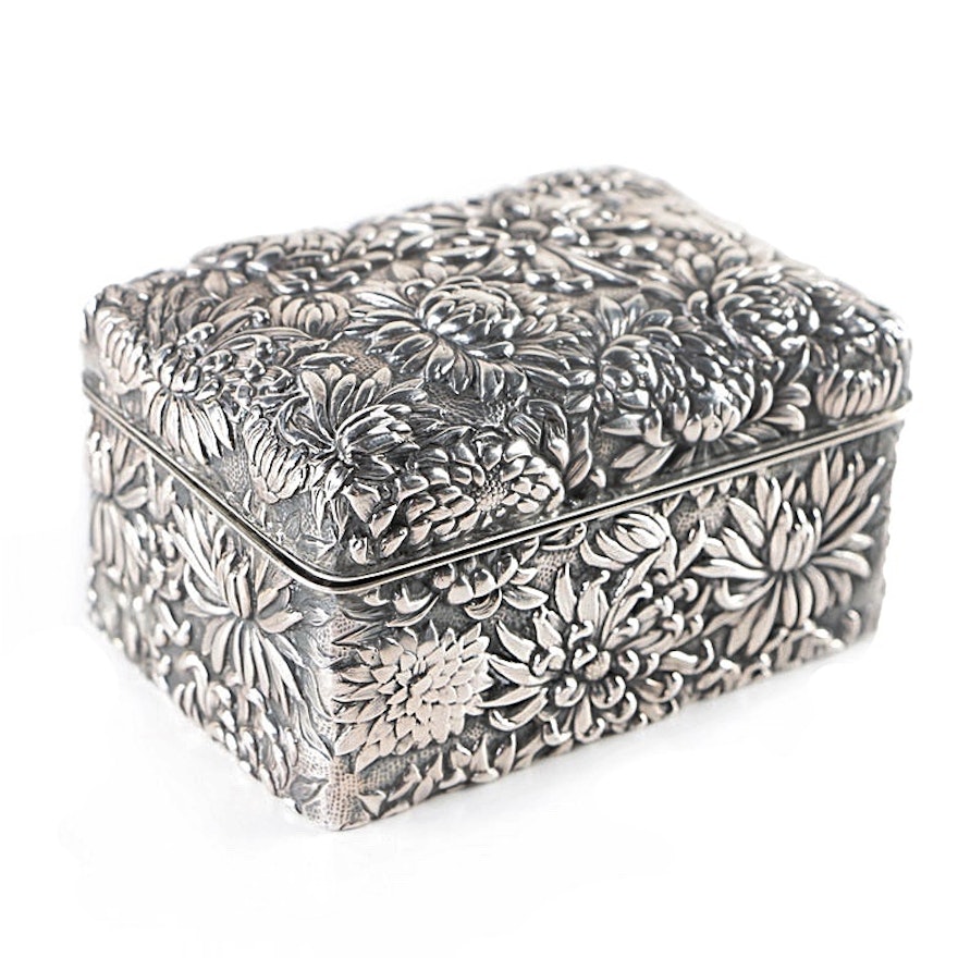 Antique Japanese Sterling Silver and Ebony Repoussé Blooming Chrysanthemum Box