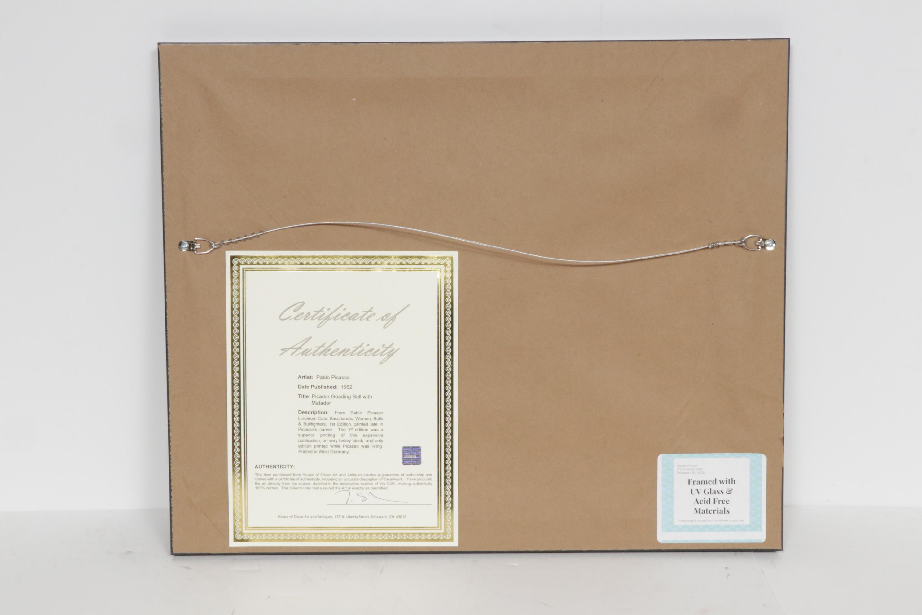 Pablo Picasso Linoleum Cut "Picador Goading Bull with Matador"