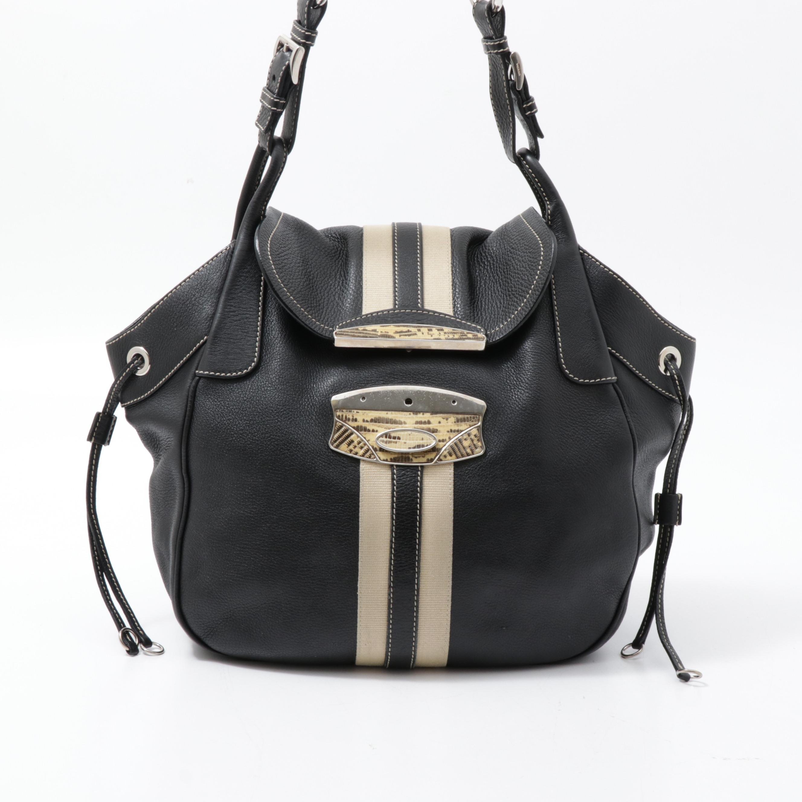 Prada Black Vitello Leather and Lizard Skin Shoulder Bag, Made in Italy