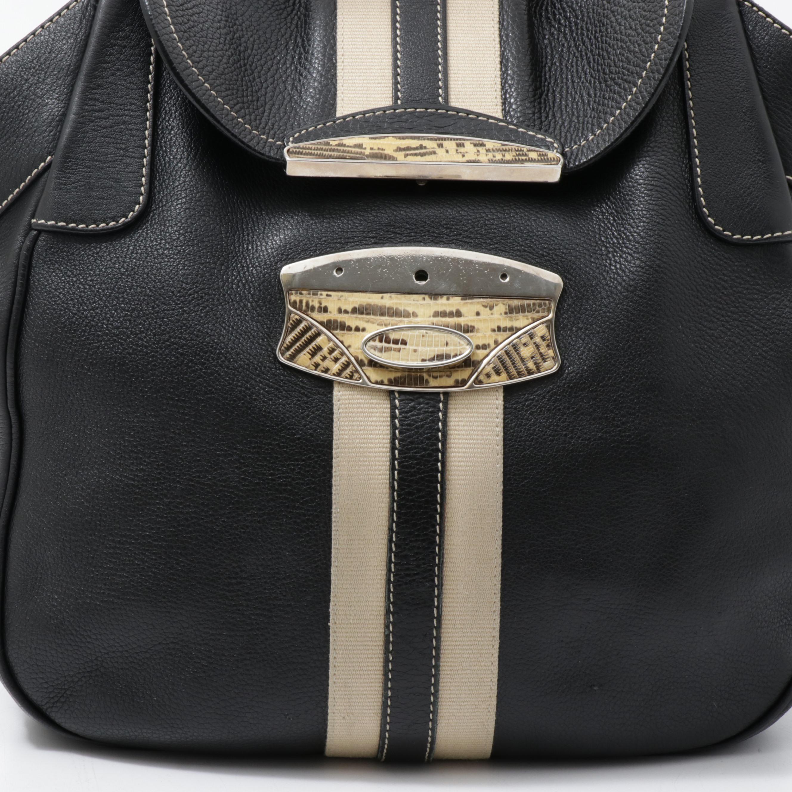 Prada Black Vitello Leather and Lizard Skin Shoulder Bag, Made in Italy