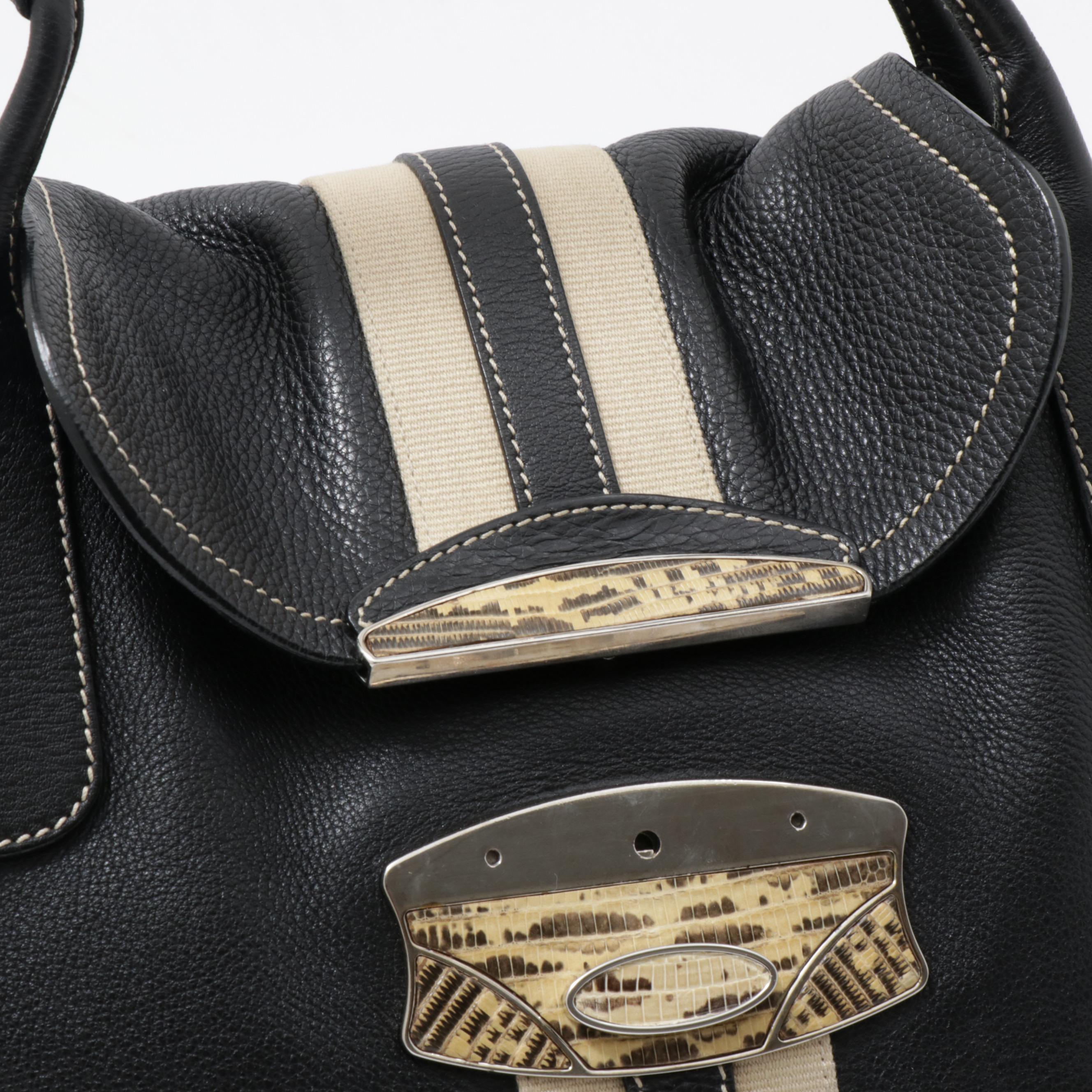 Prada Black Vitello Leather and Lizard Skin Shoulder Bag, Made in Italy