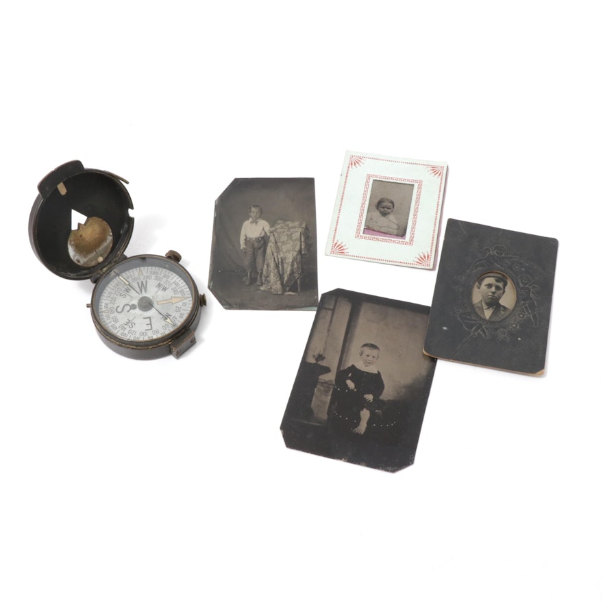 Ferrotypes Portraits and Swiss-Made Compass, Antique
