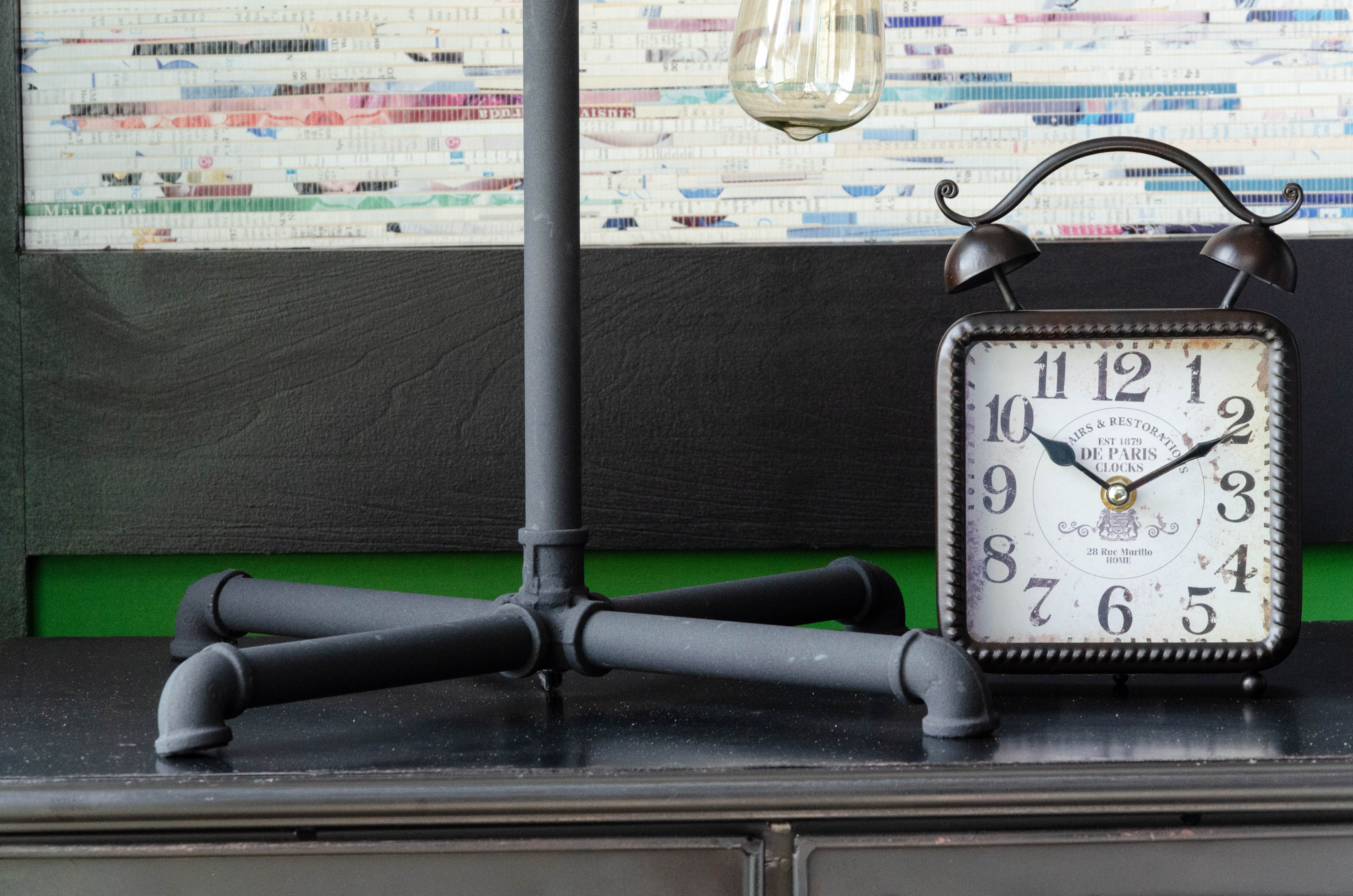 Metal Locker Style Nightstand, Metal Table Lamp and Clock