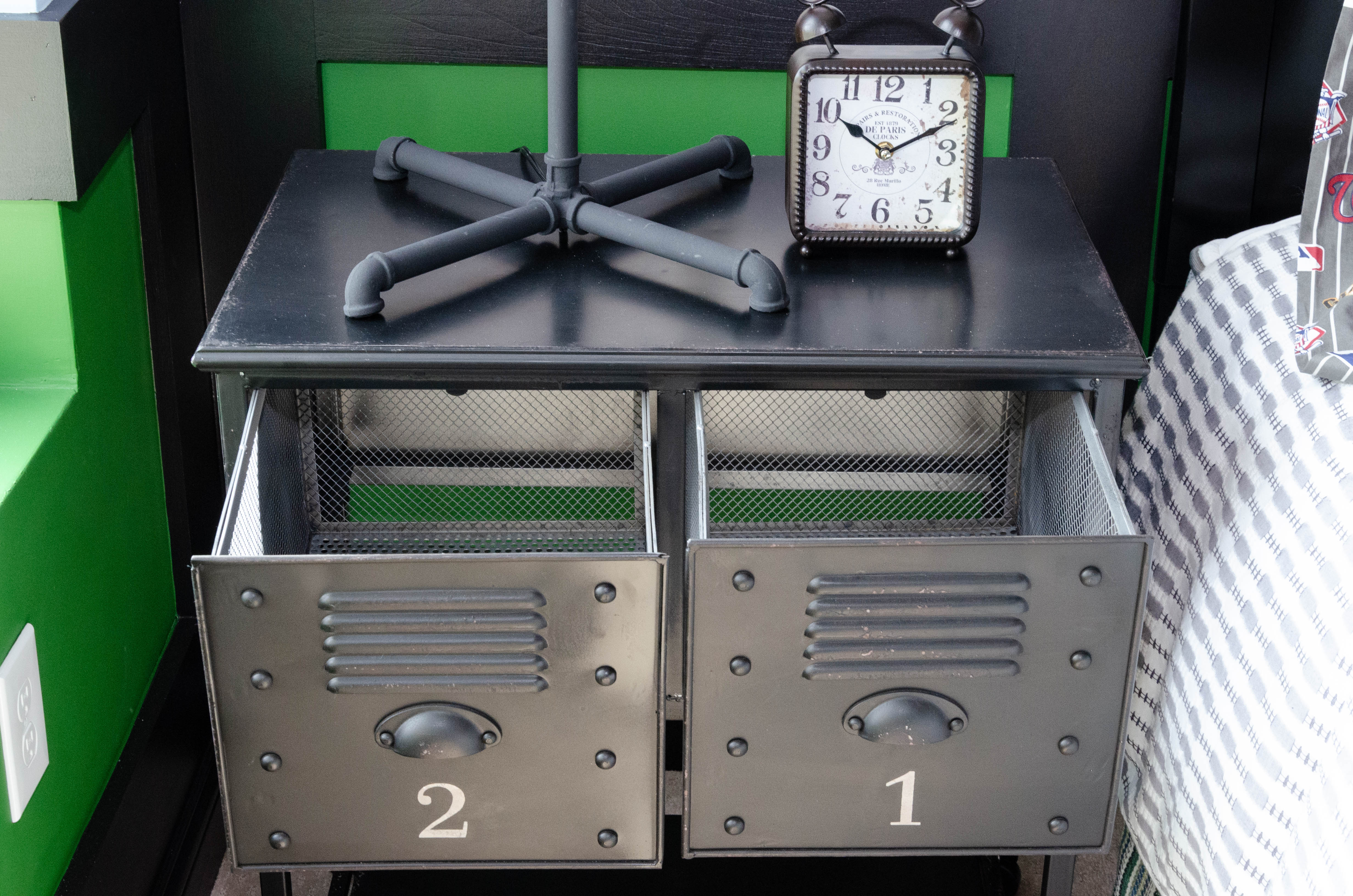 Metal Locker Style Nightstand, Metal Table Lamp and Clock