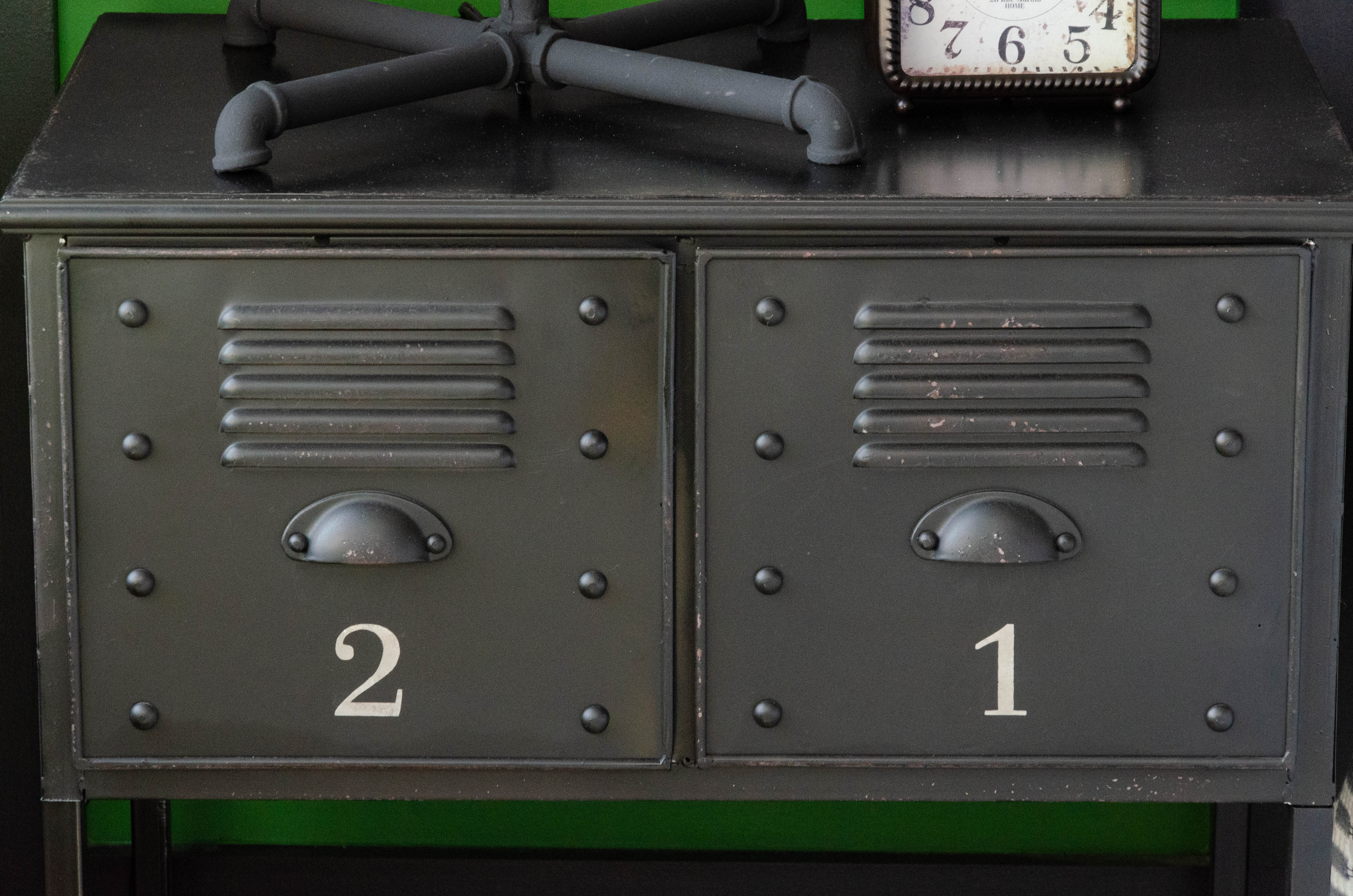 Metal Locker Style Nightstand, Metal Table Lamp and Clock