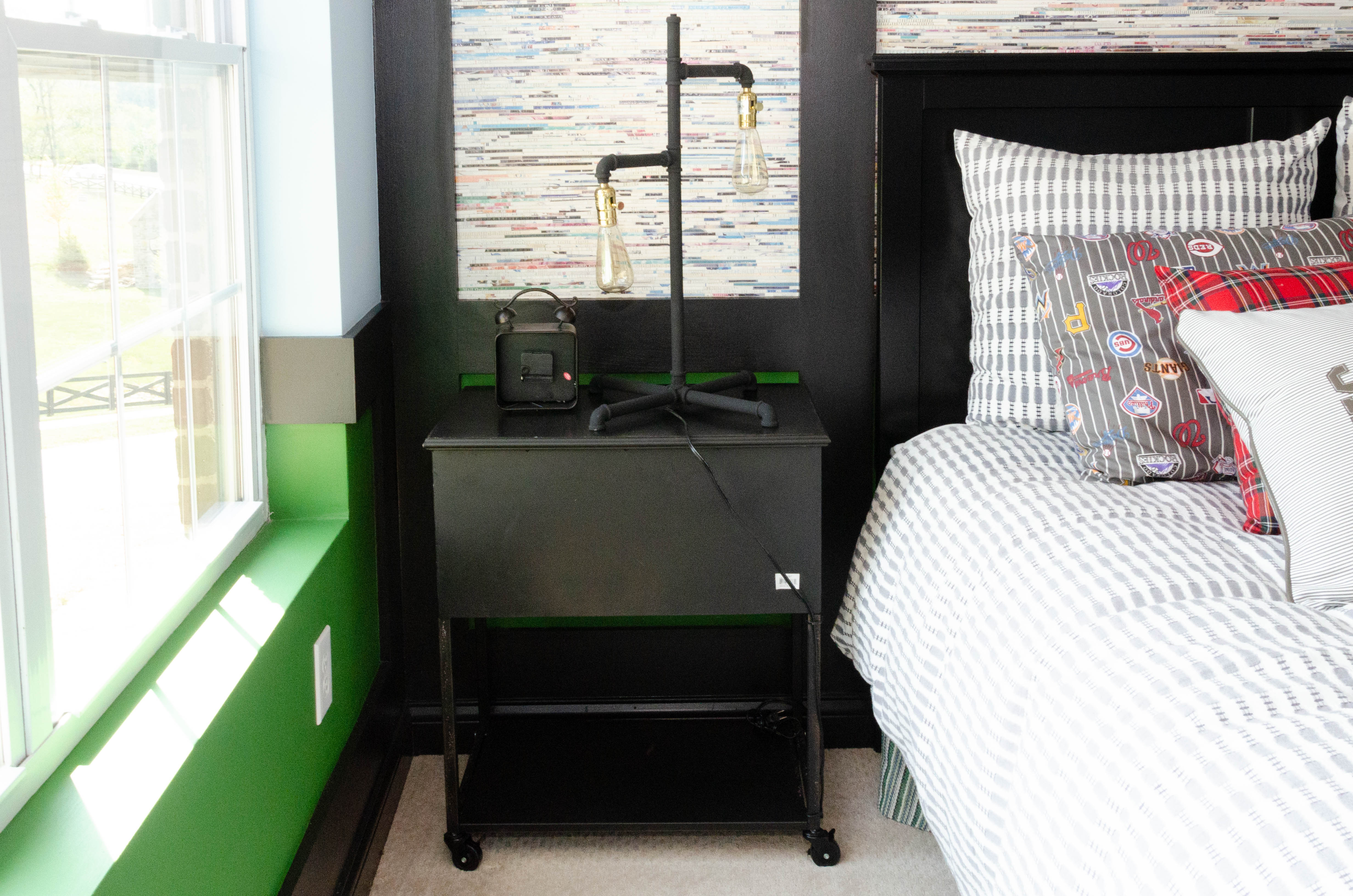 Metal Locker Style Nightstand, Metal Table Lamp and Clock