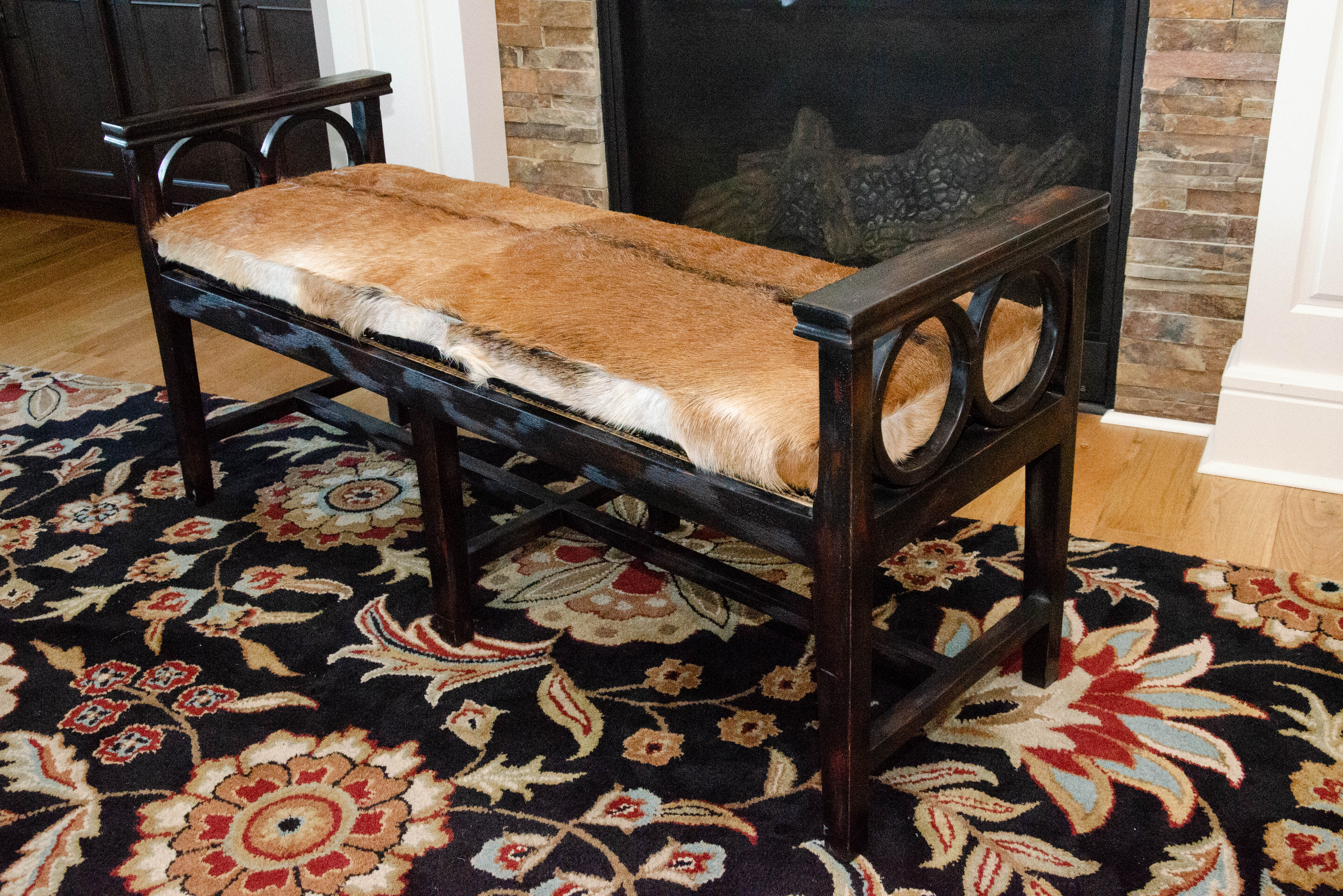 Contemporary Wood Bench with Cane Seating and Bovine Fur Upholstered Seat